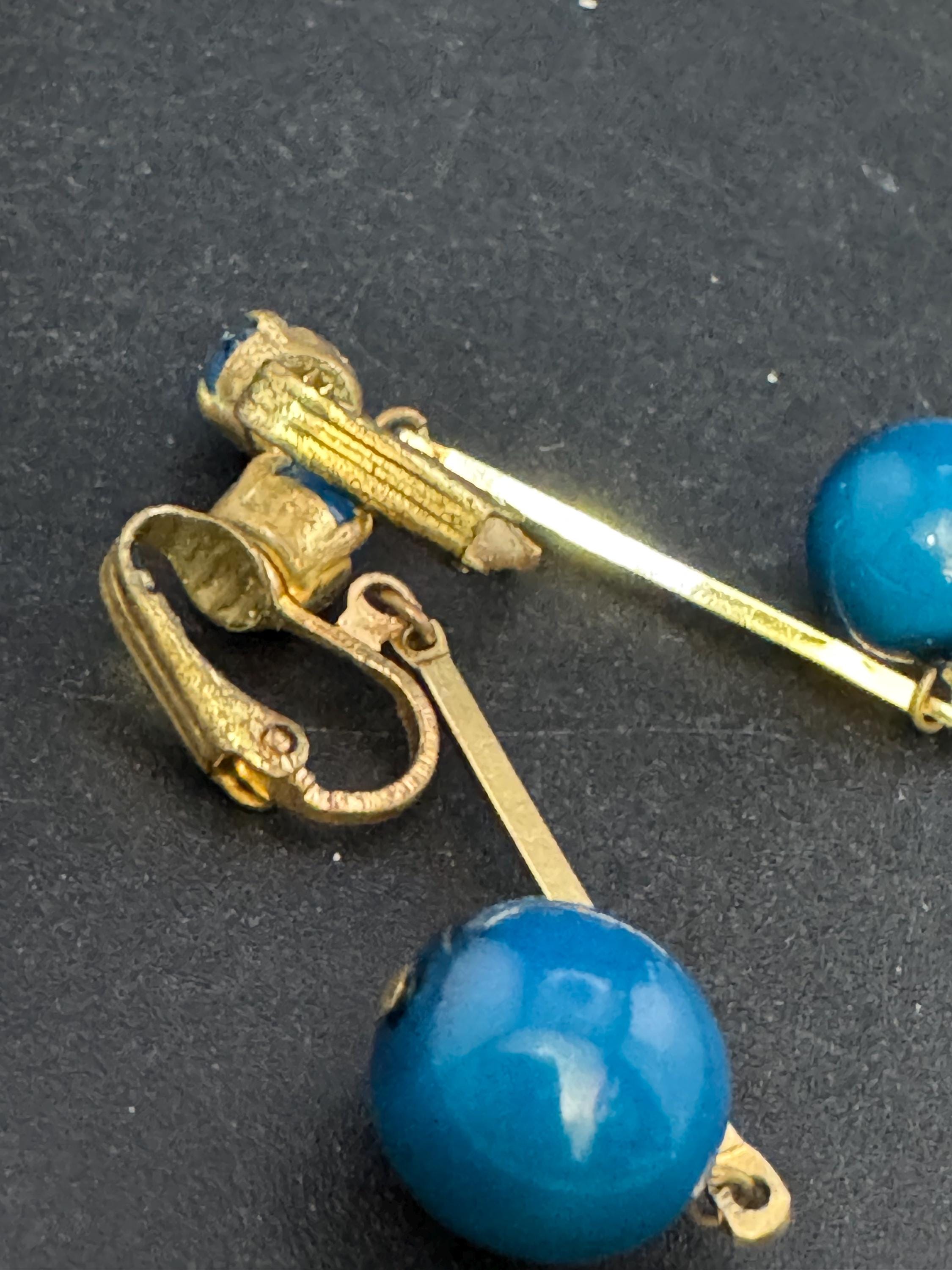 Vintage blue glass ball dangly drop clip on earrings