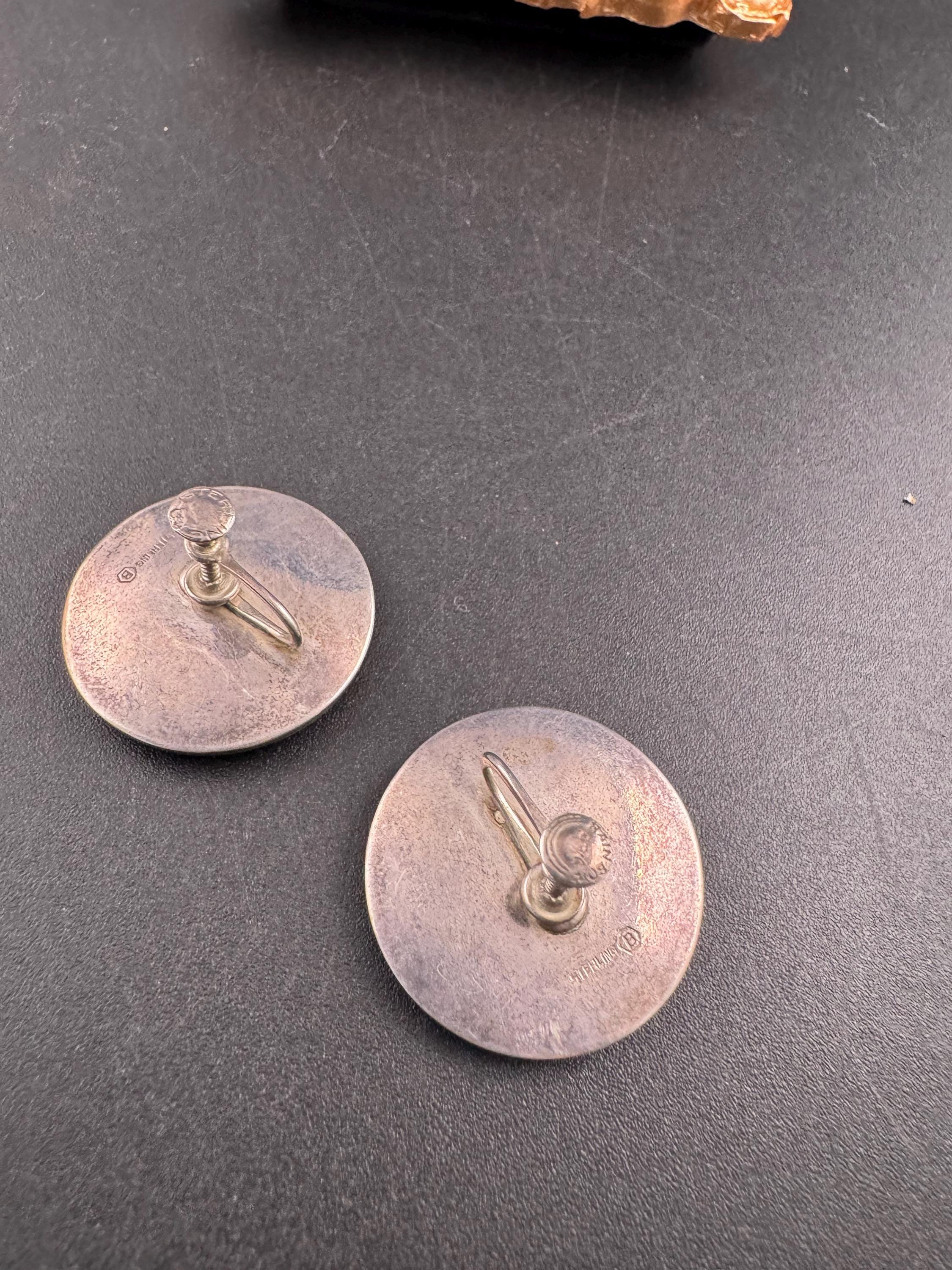 Vintage large disc earrings, 925 sterling silver clip on screw backs