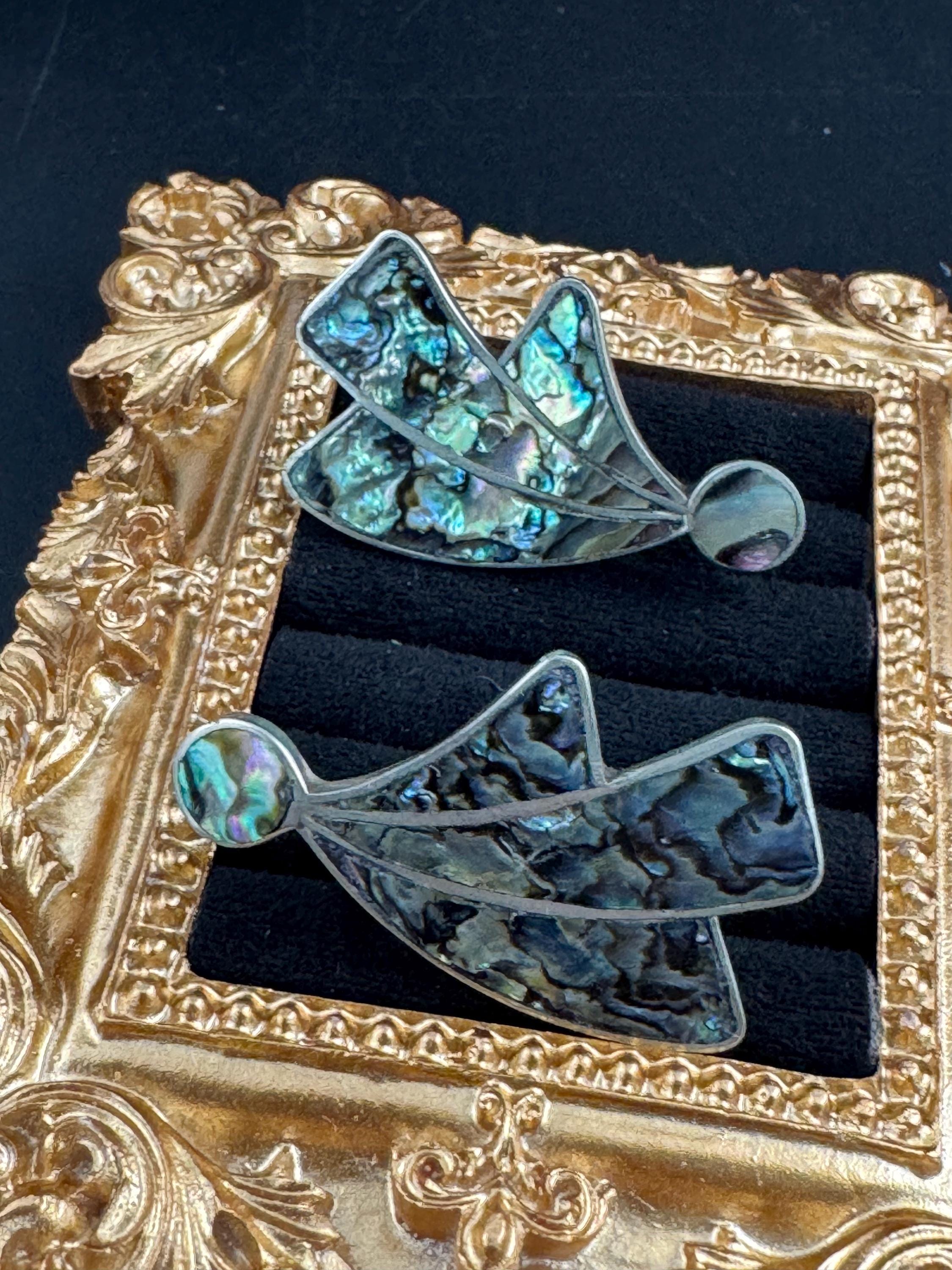 Vintage signed EB 950 abalone shell oversized earrings, Mexican sterling silver clip on screw backs