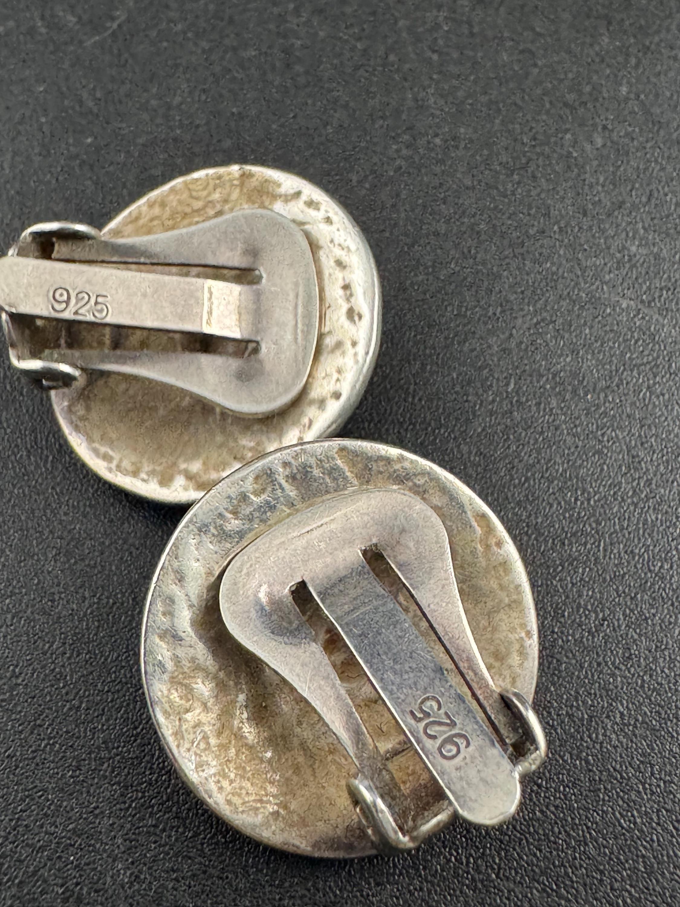 Vintage 925 2cm round disc sterling silver clip on earrings