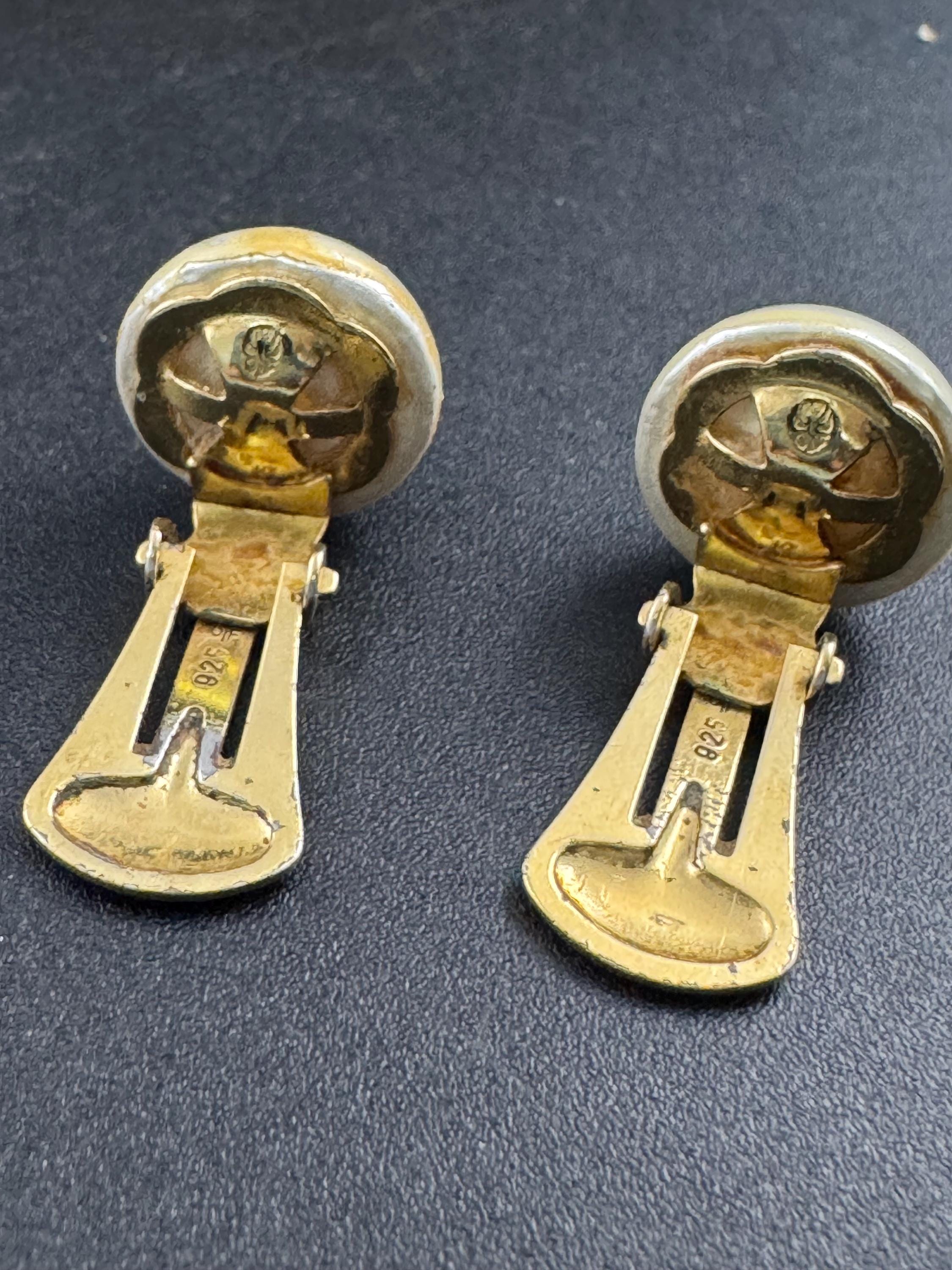 Vintage sterling silver gilt faux button pearl clip on earrings 925, gold plated