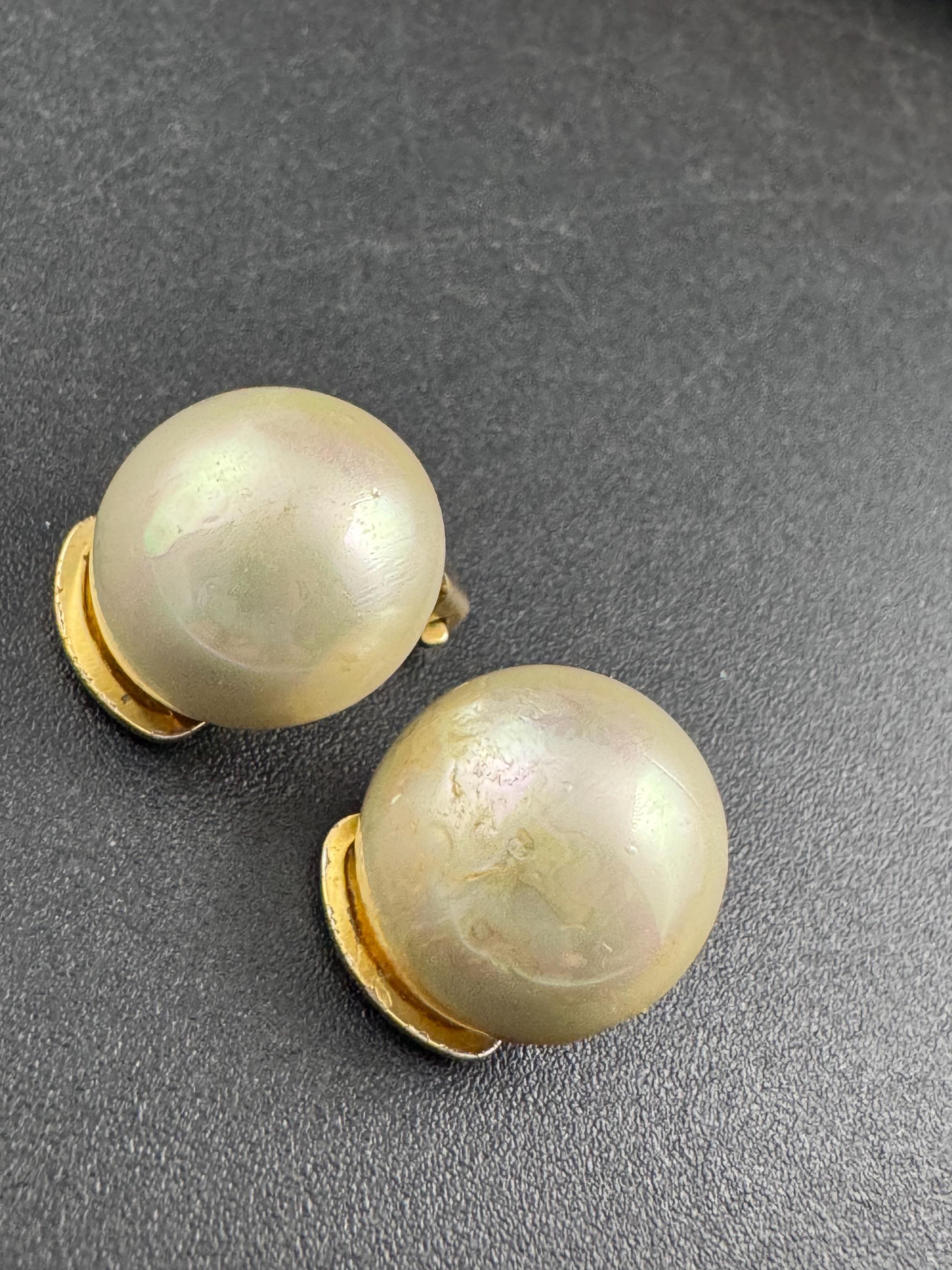 Vintage sterling silver gilt faux button pearl clip on earrings 925, gold plated