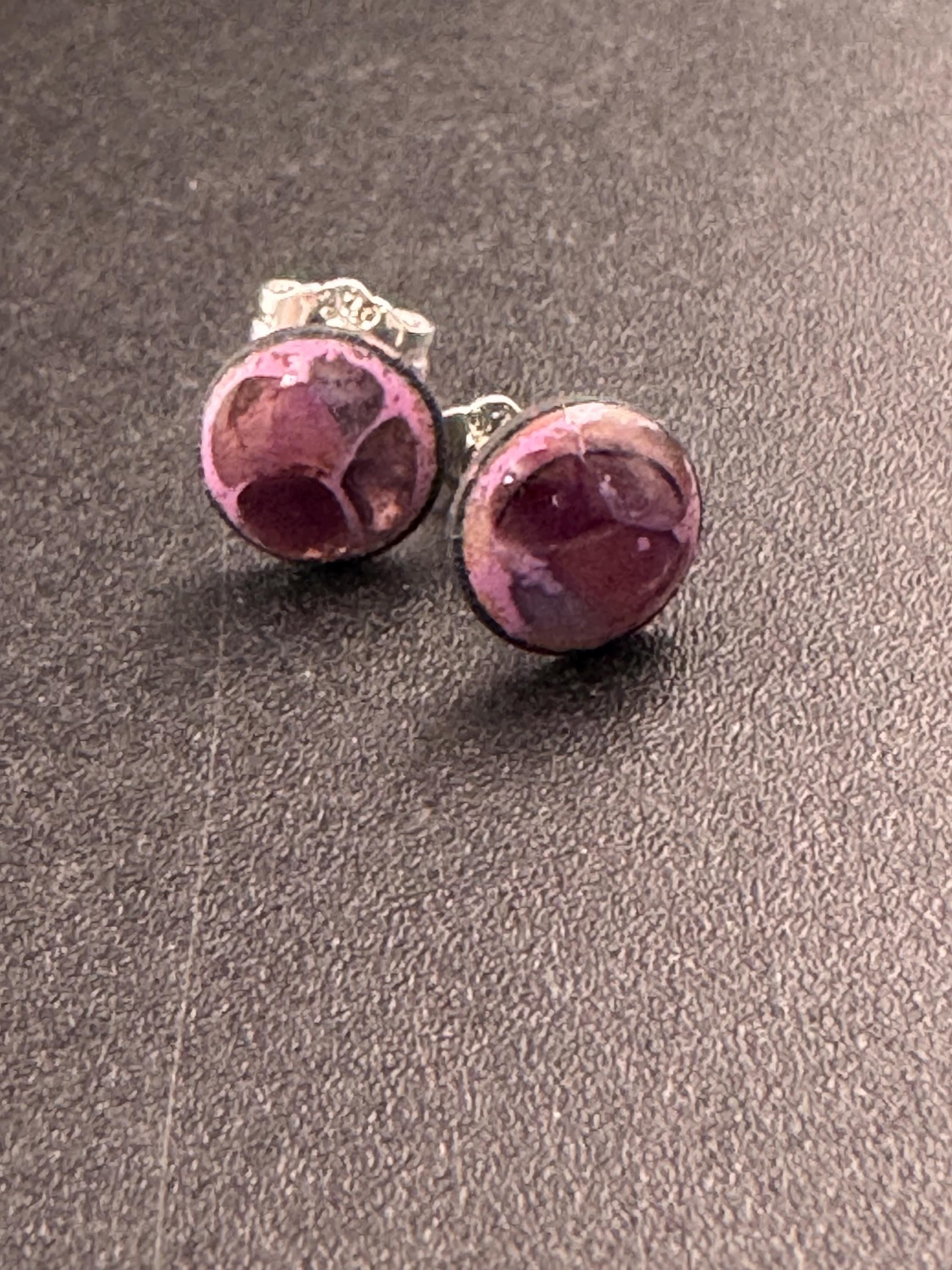 925 small round purple glass stud earrings pierced, Sterling silver dainty