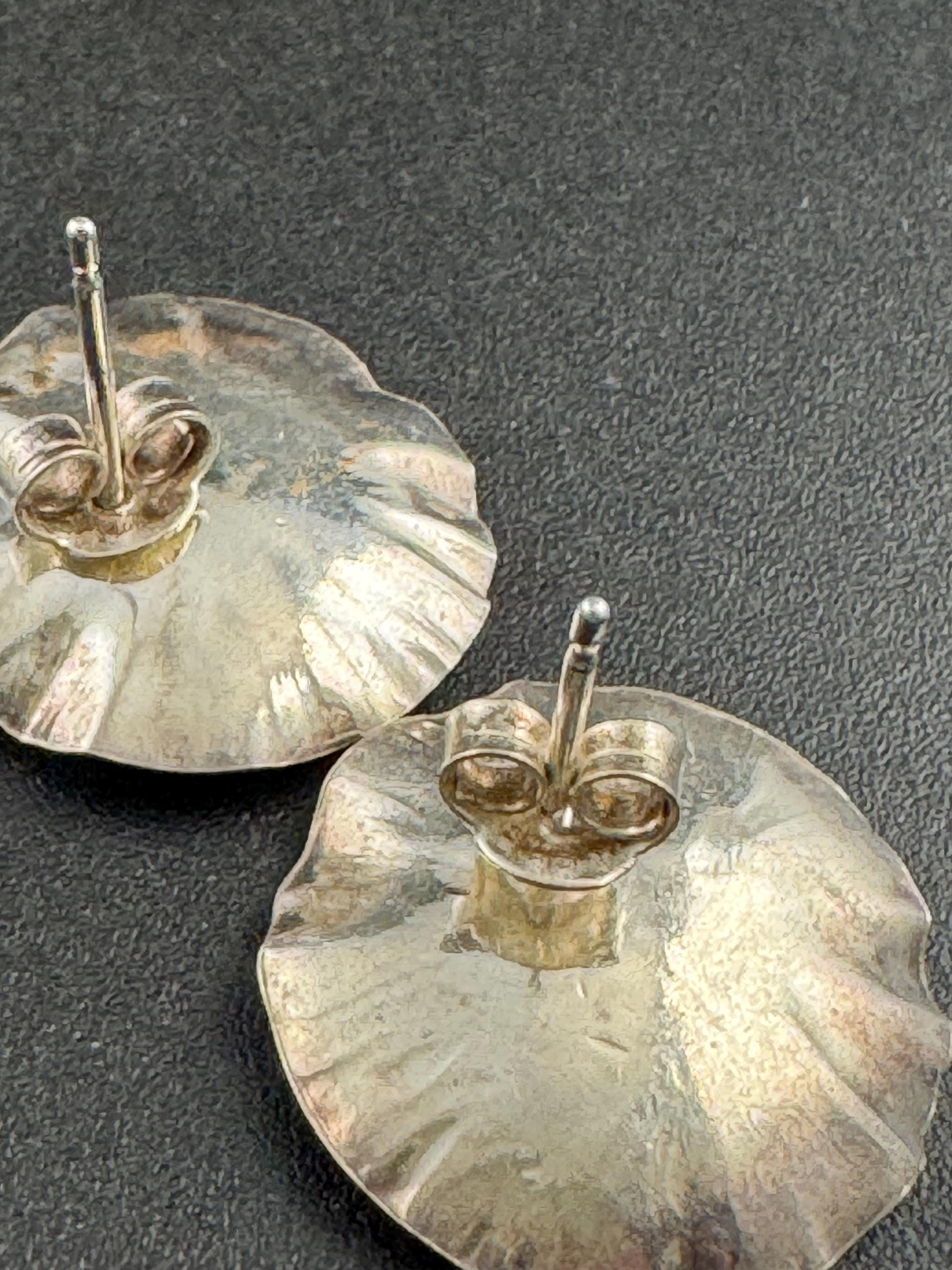Tested silver brutalist textured round earrings 925, modernist pierced studs