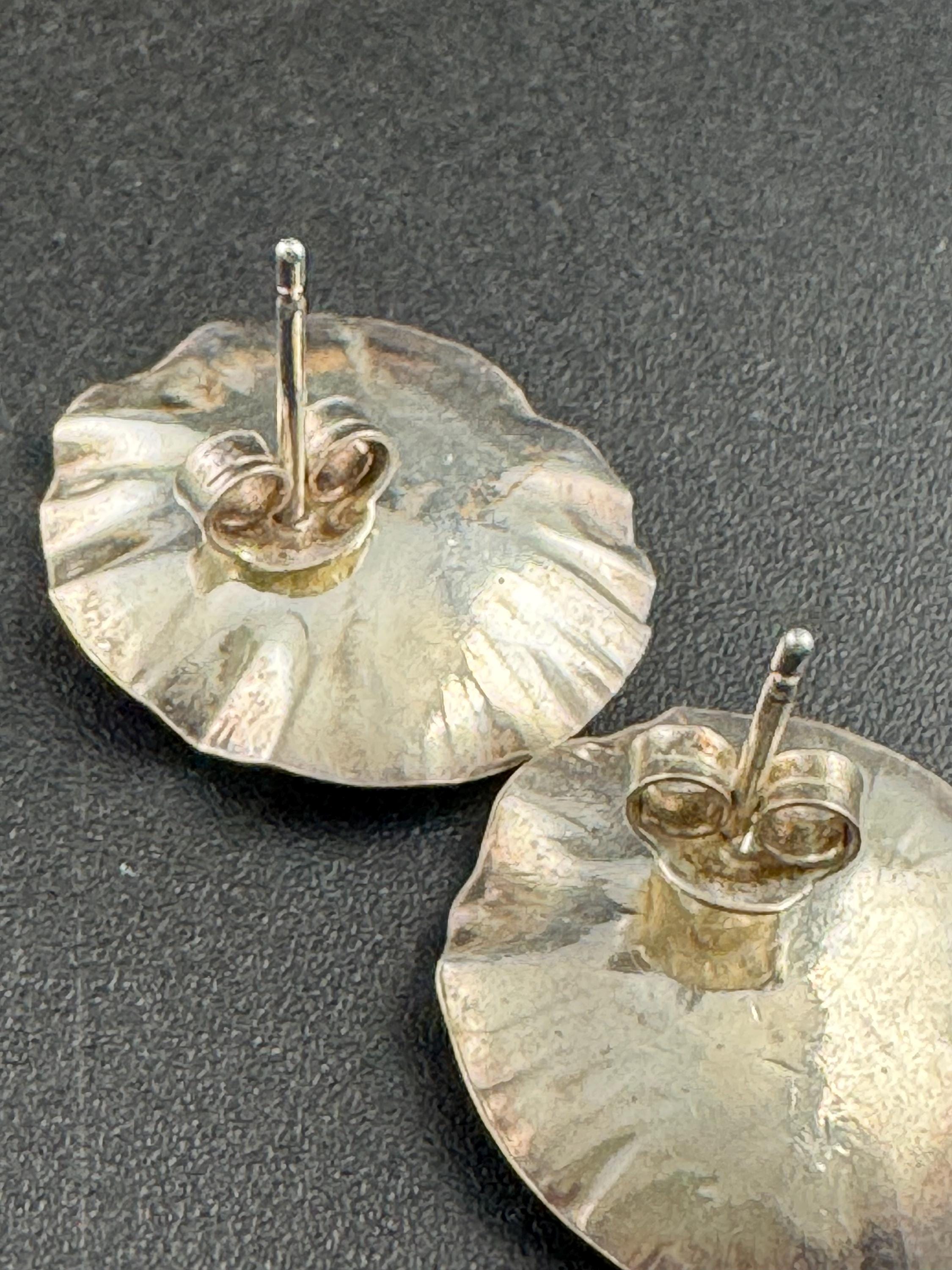 Tested silver brutalist textured round earrings 925, modernist pierced studs