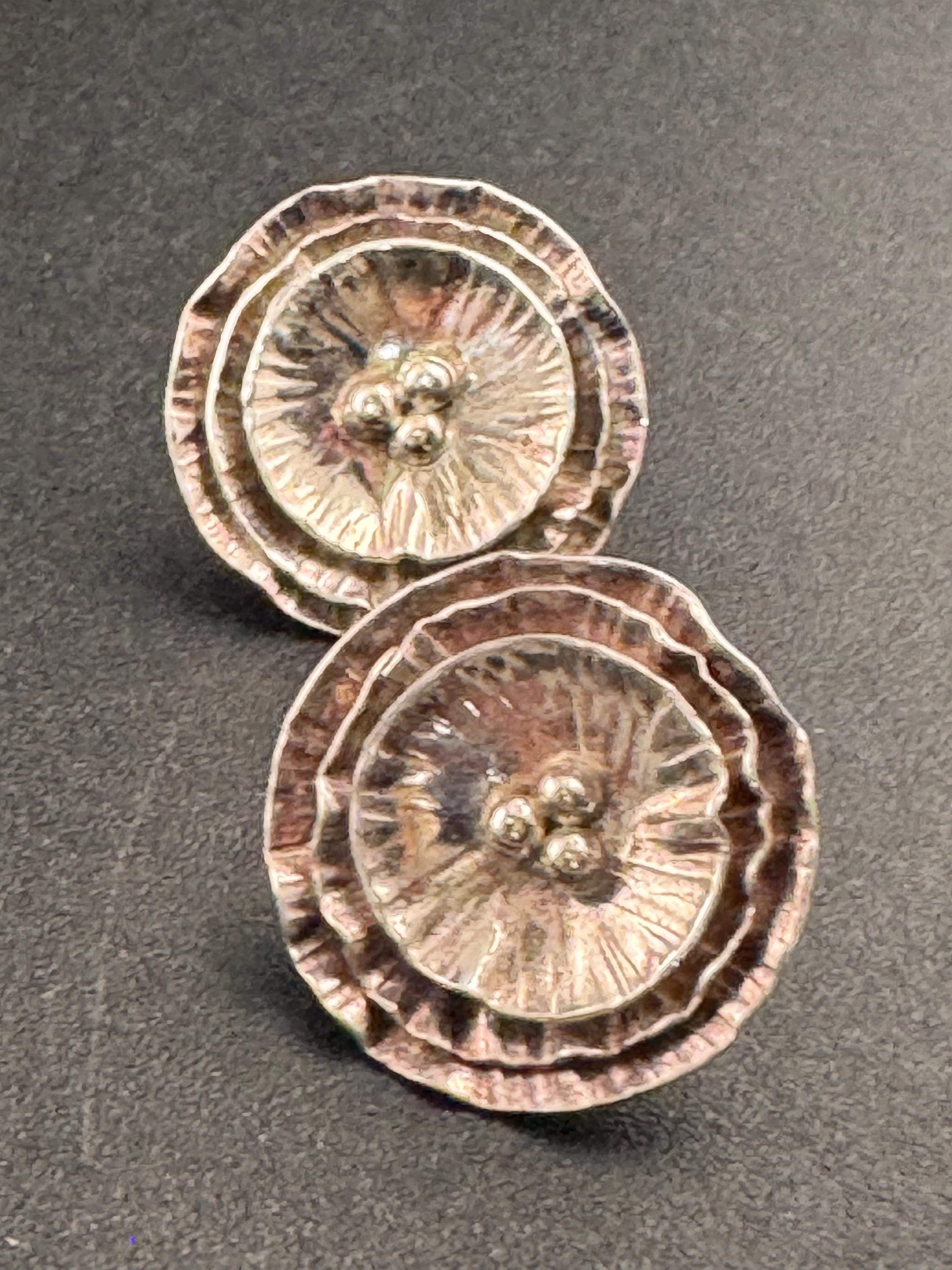 Tested silver brutalist textured round earrings 925, modernist pierced studs