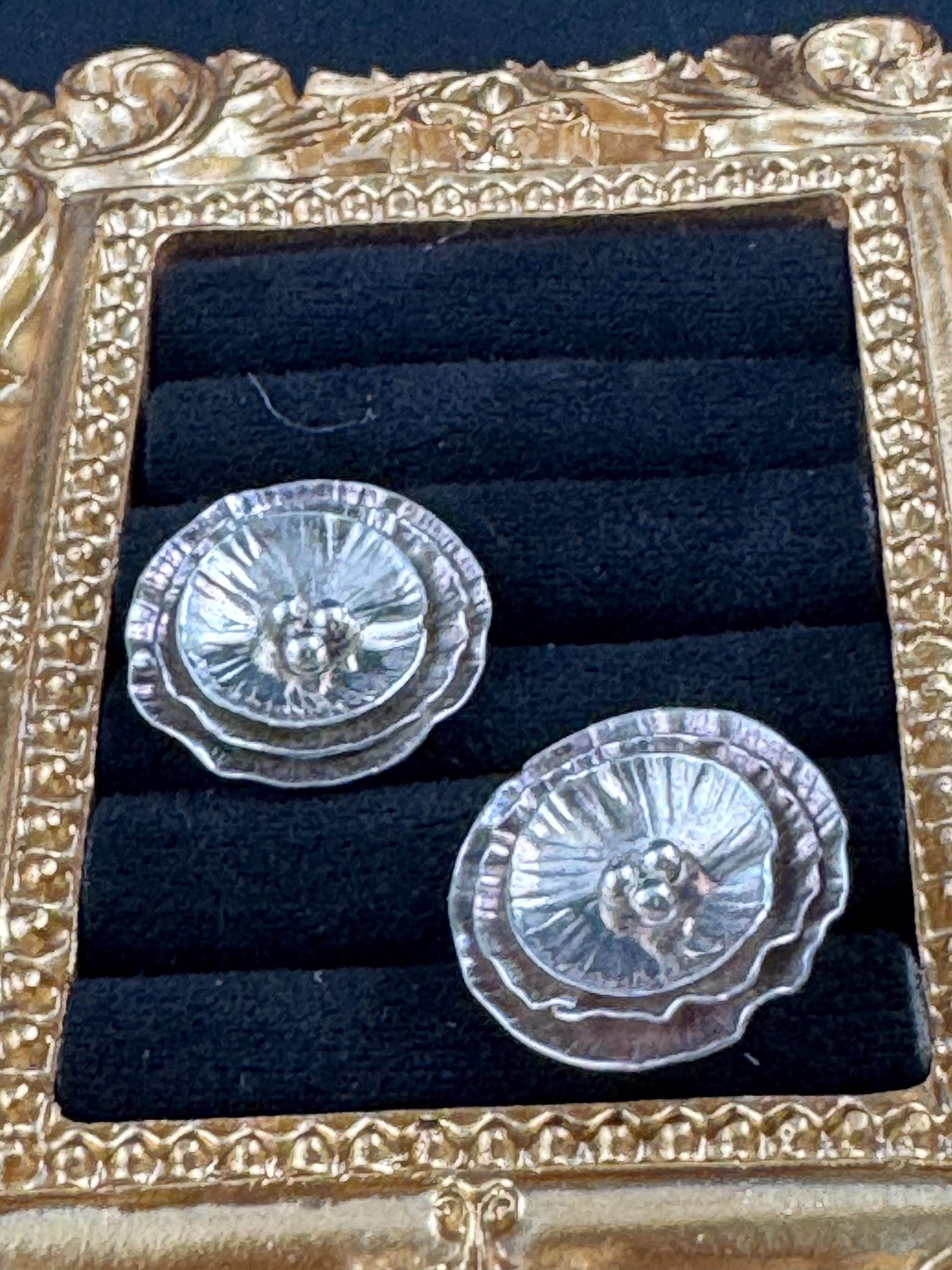 Tested silver brutalist textured round earrings 925, modernist pierced studs