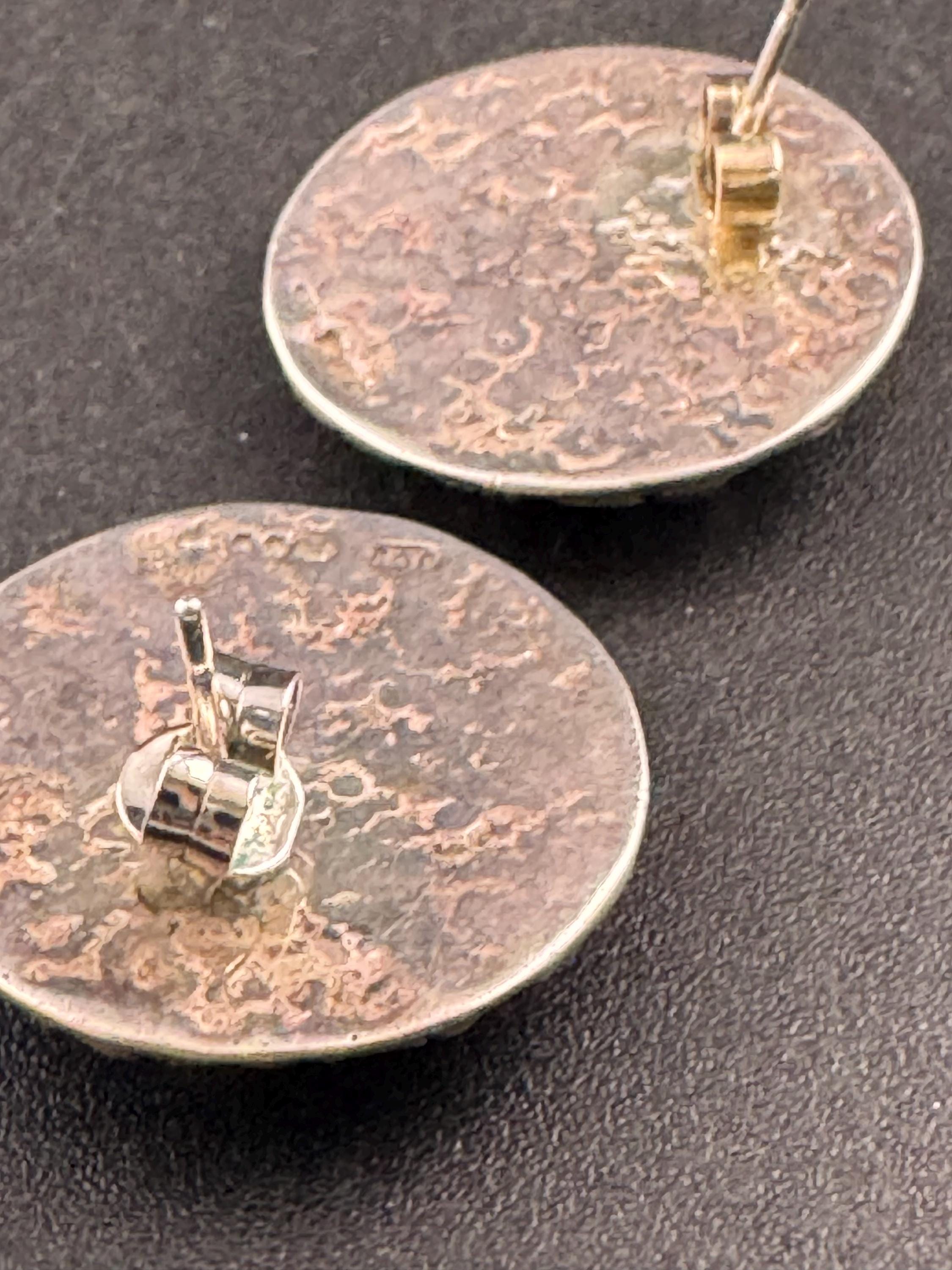 925 silver brutalist textured round earrings , modernist pierced studs fully hallmarked