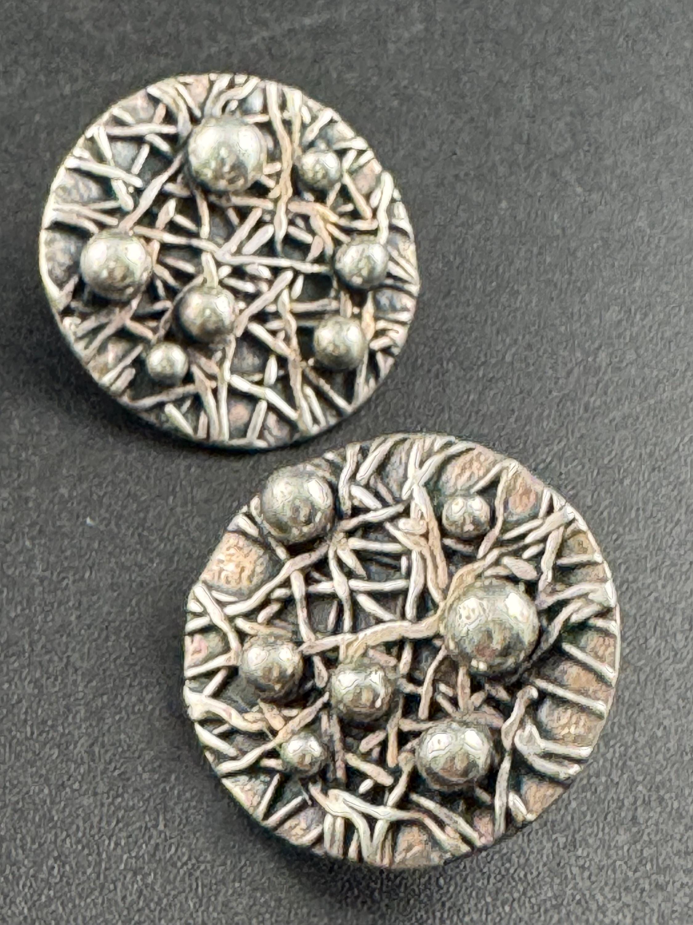 925 silver brutalist textured round earrings , modernist pierced studs fully hallmarked