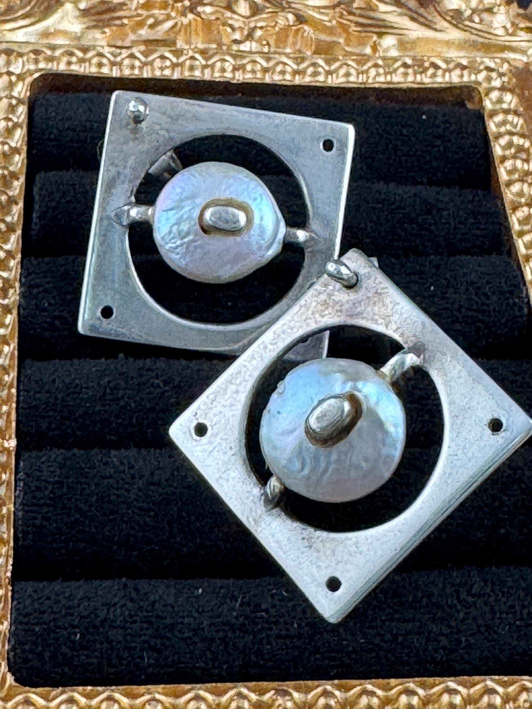 Tested silver artisan natural pearl brutalist square earrings 925, modernist pierced studs