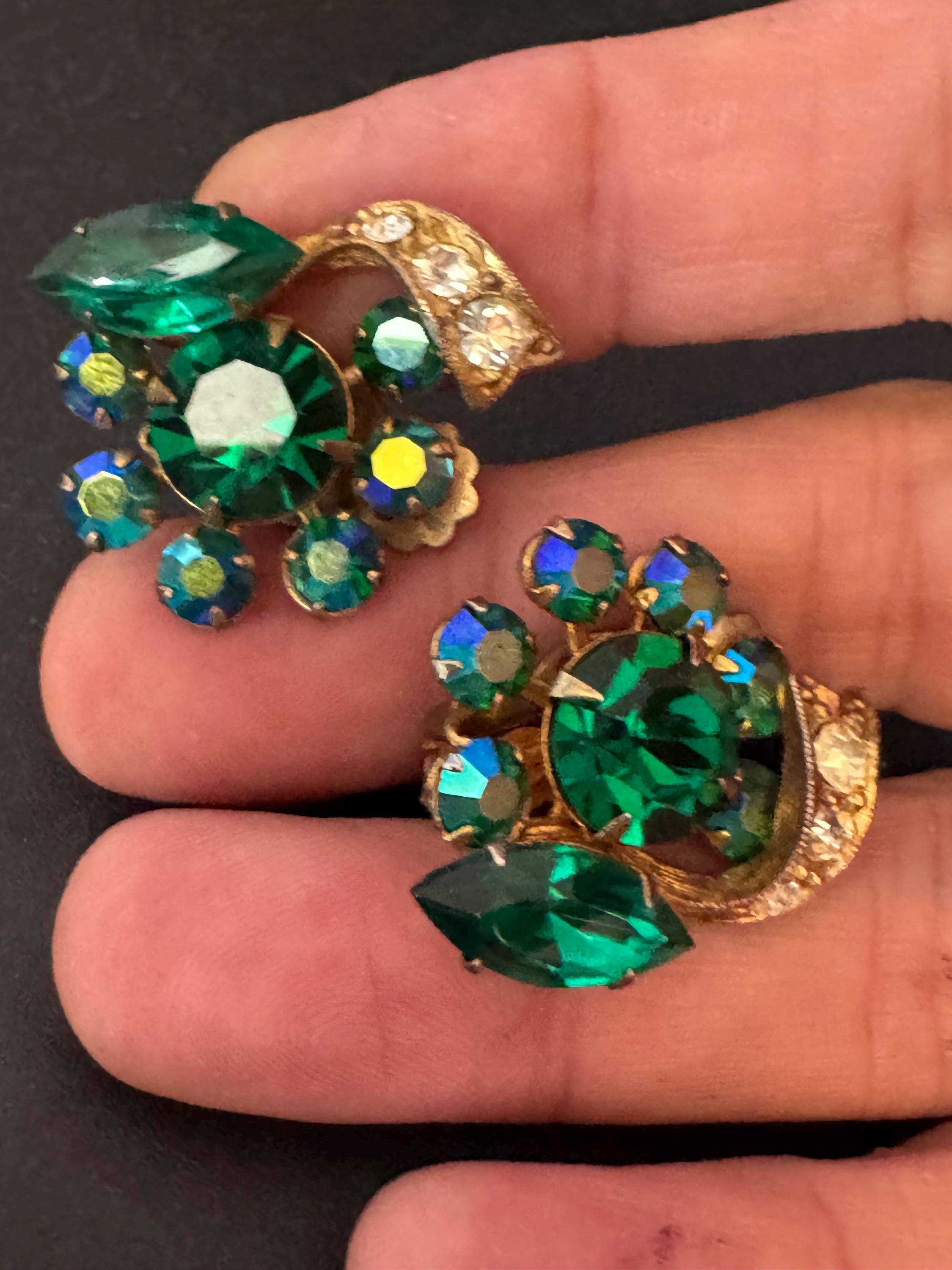 Vintage AB emerald green rhinestone Clip On Earrings Gold Tone