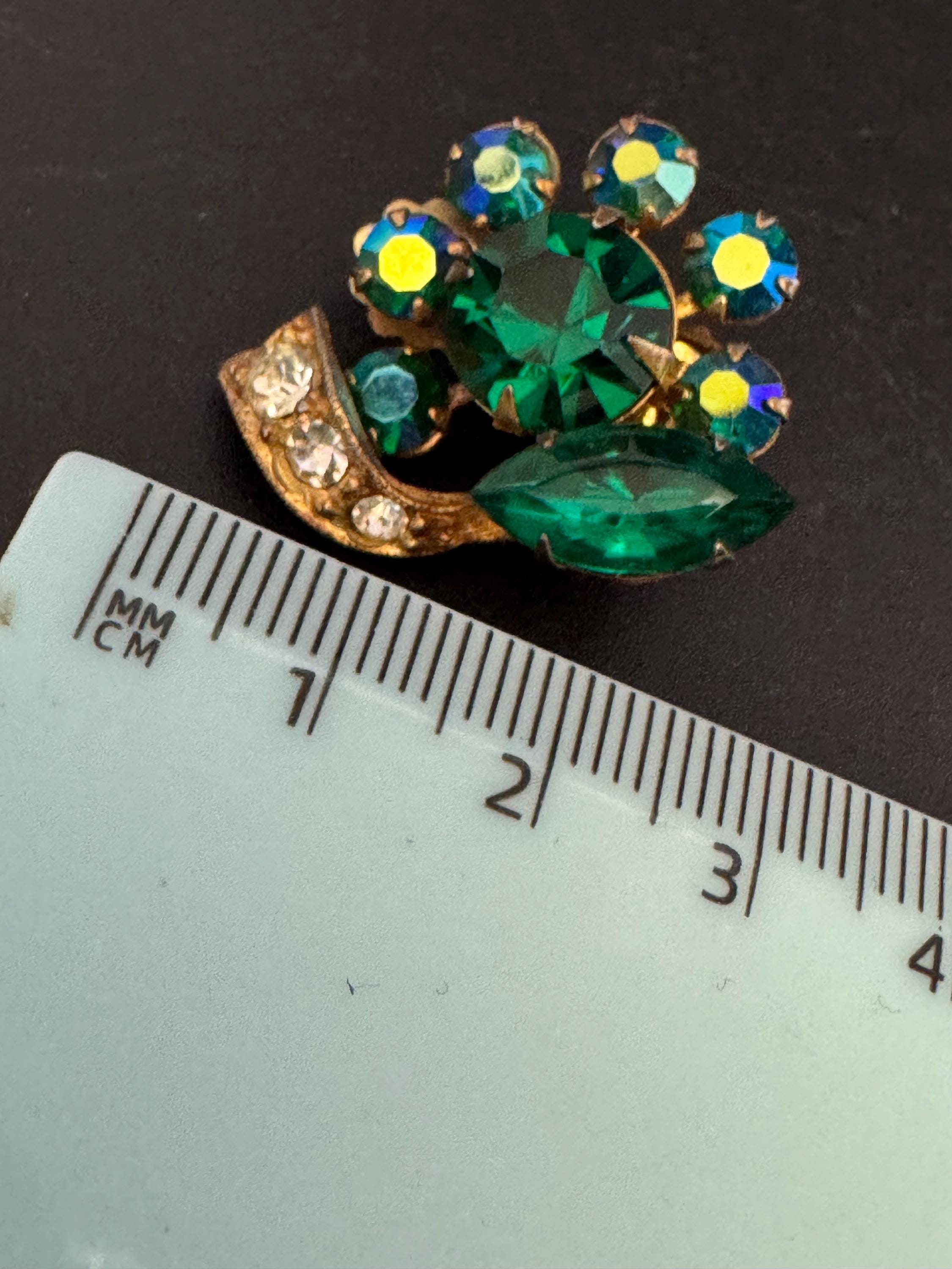 Vintage AB emerald green rhinestone Clip On Earrings Gold Tone