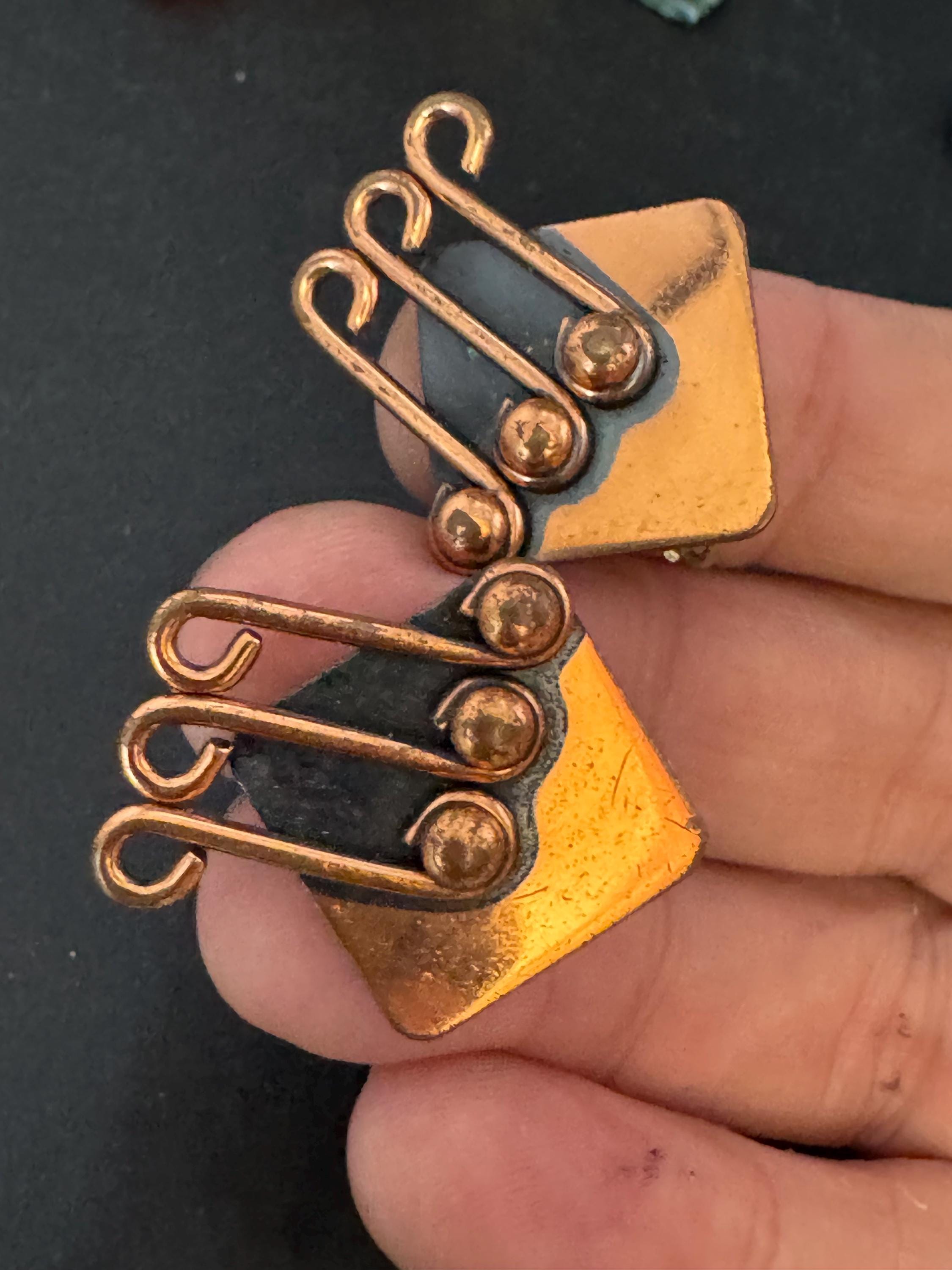 Modernist signed Renoir copper musical clip on earrings 1960s 1970s