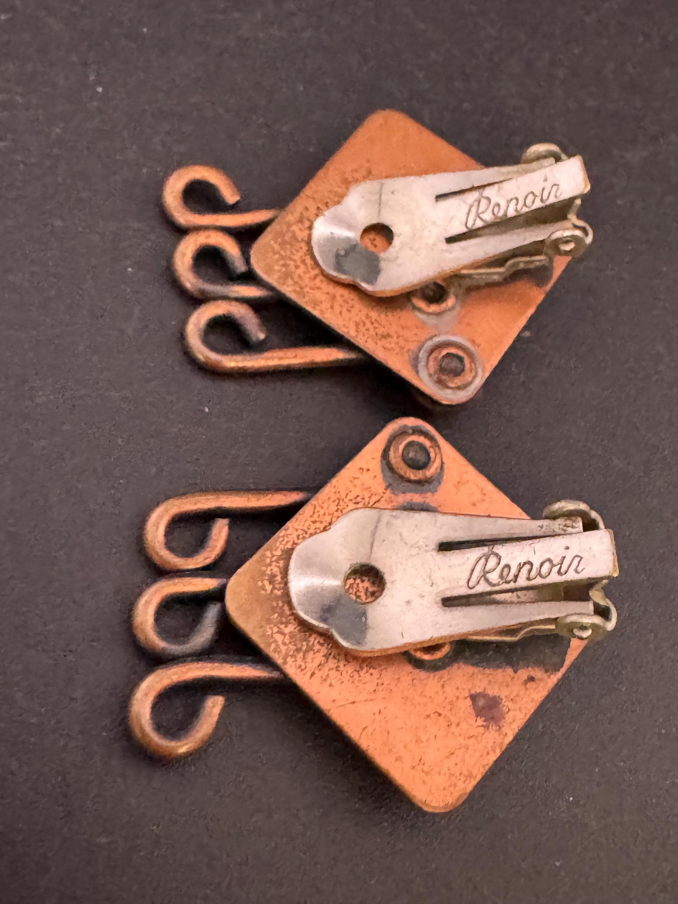 Modernist signed Renoir copper musical clip on earrings 1960s 1970s