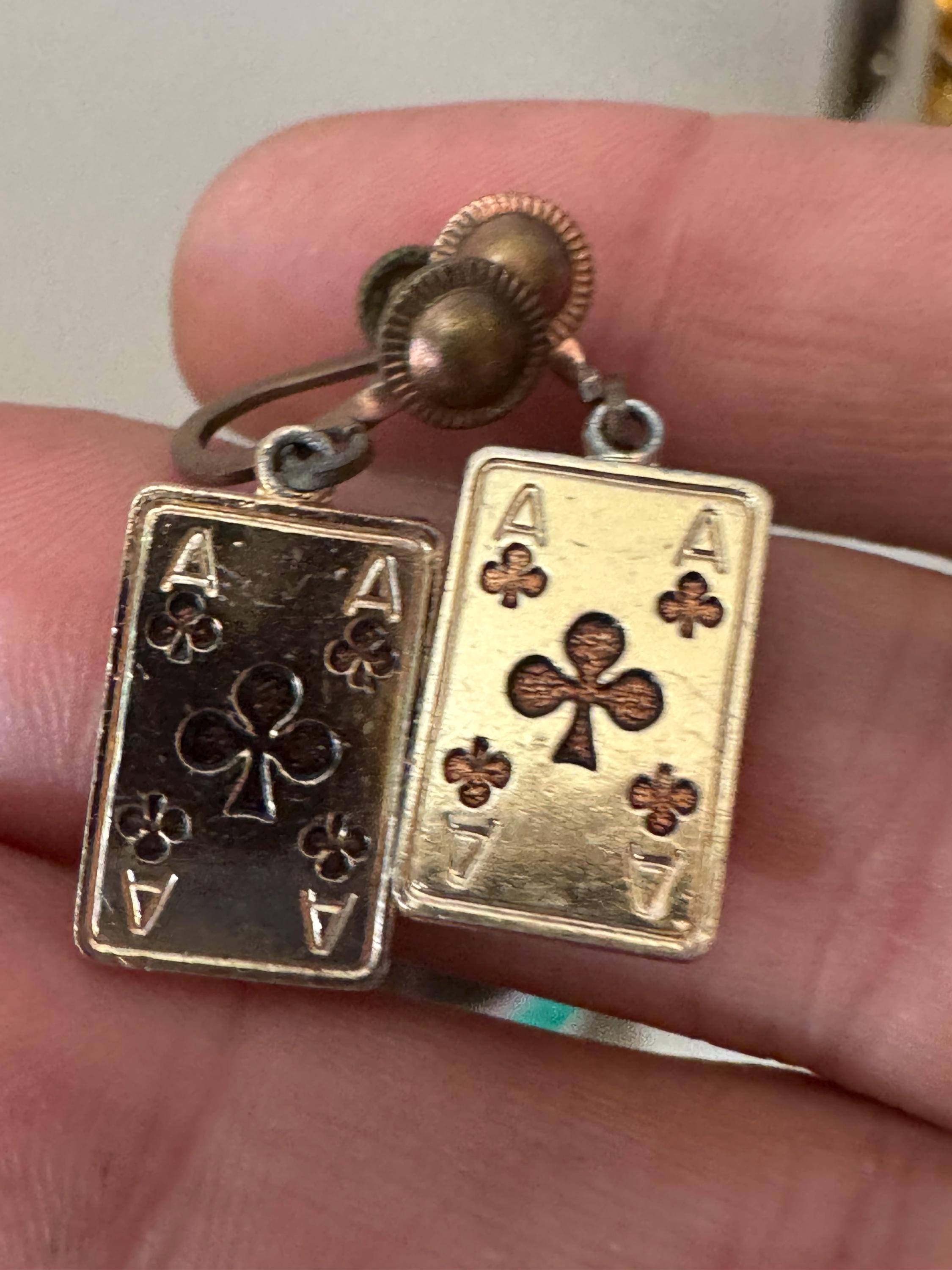 Novelty playing card gold metal clip on screw back earrings 1950s