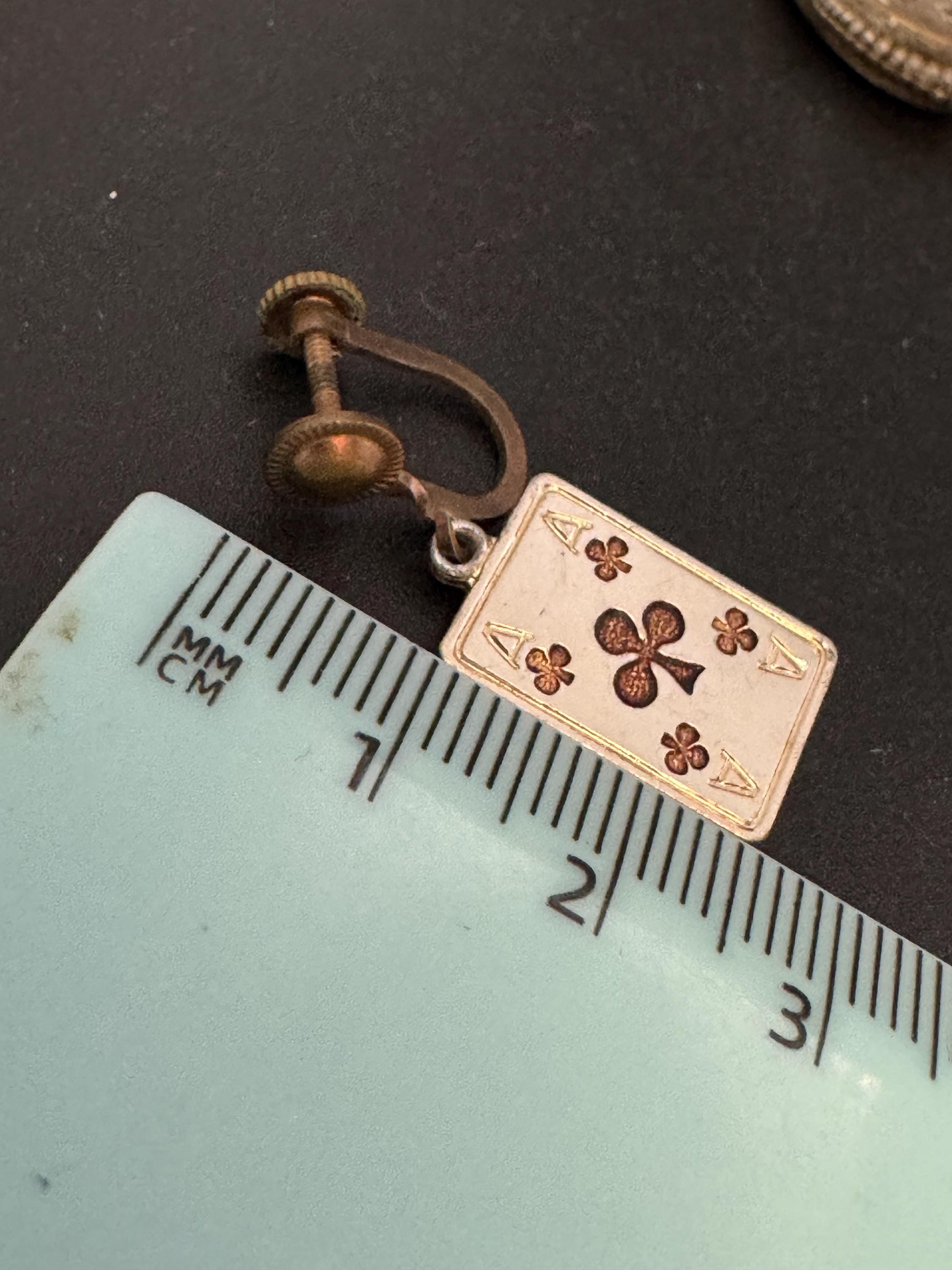 Novelty playing card gold metal clip on screw back earrings 1950s