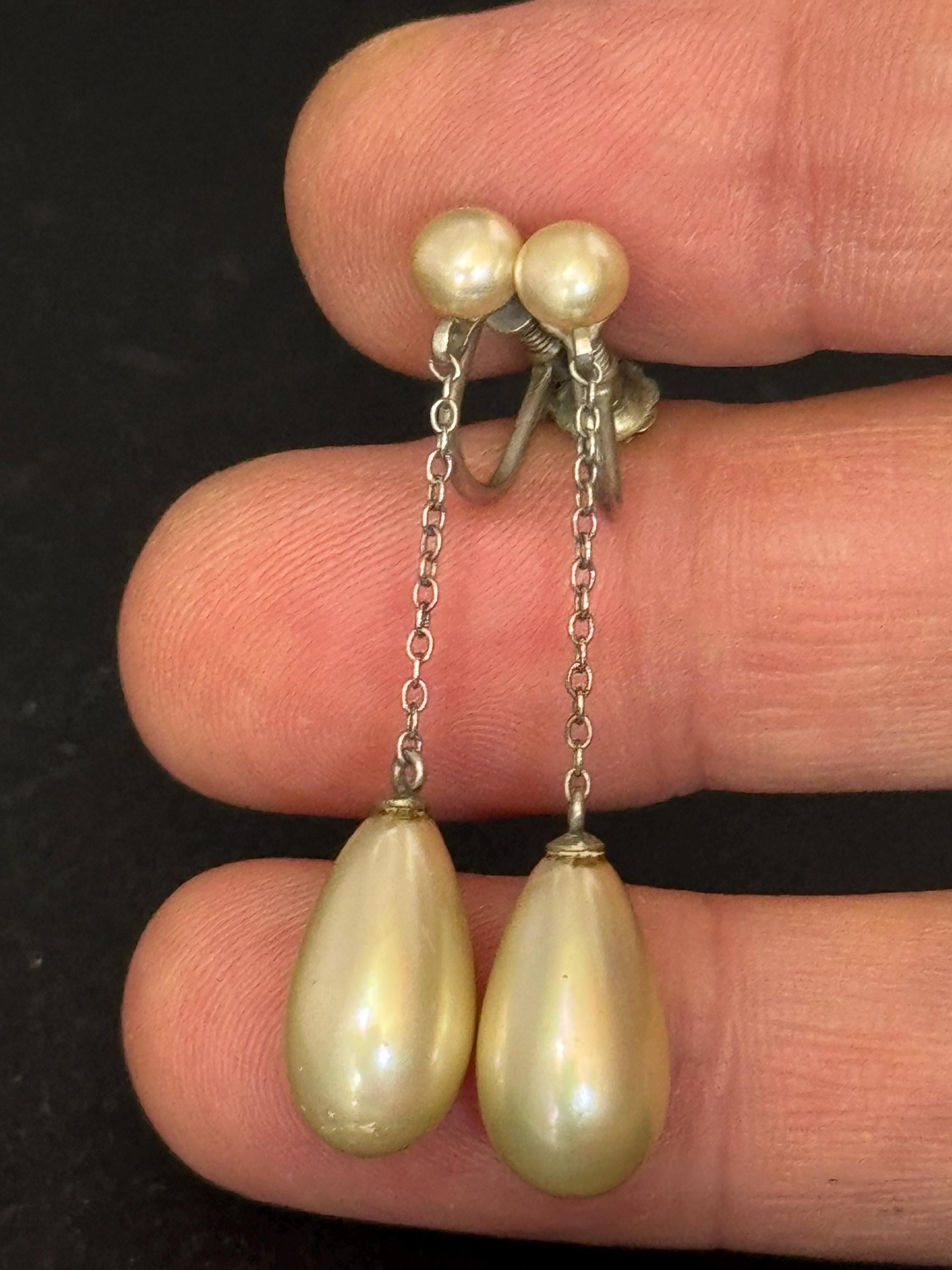 antique white metal faux pearl long teardrop Clip on screw back Earrings