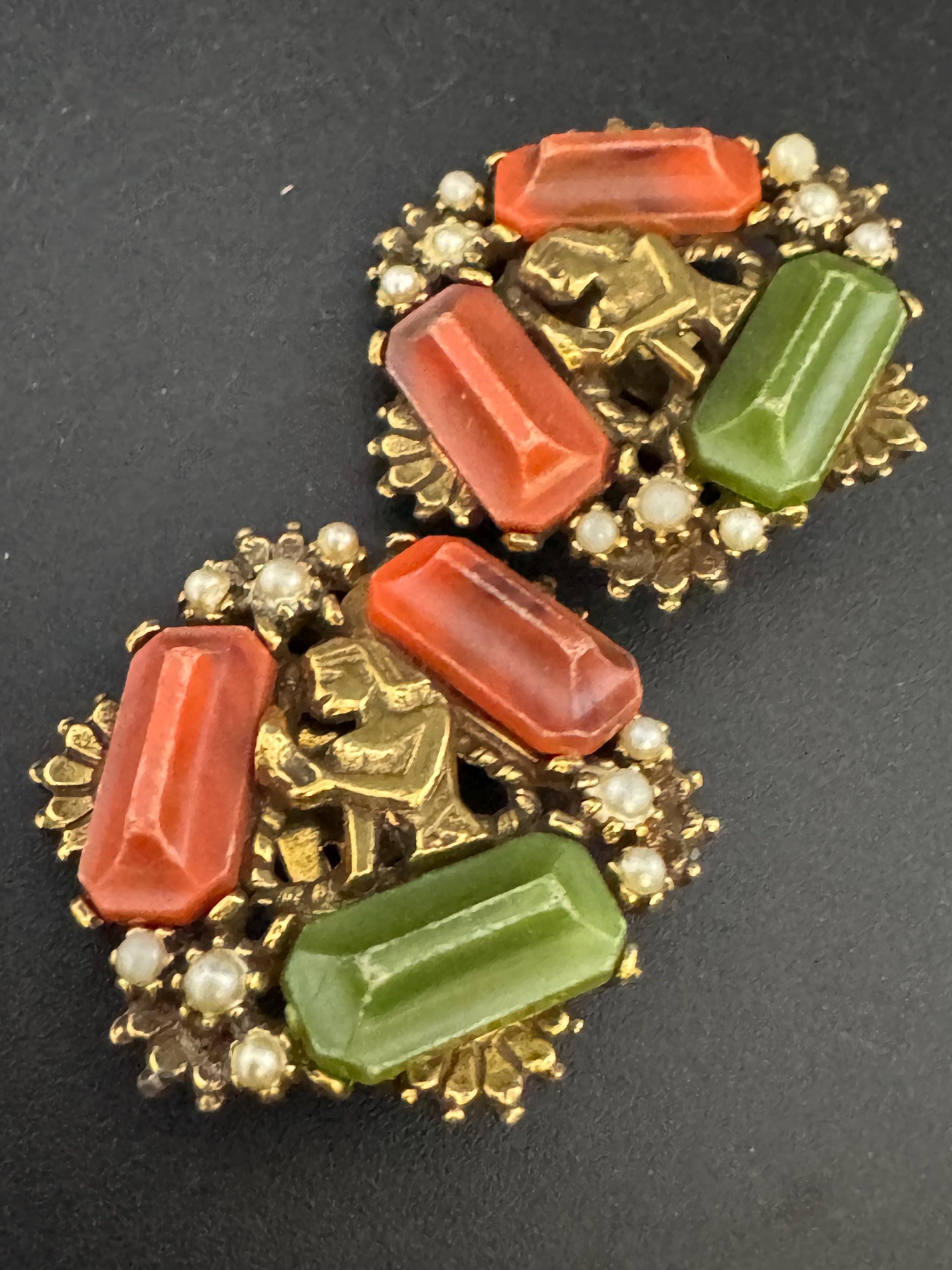 Czech Brass coral and Green Glass clip on earrings, Egyptian revival Max Neiger Style