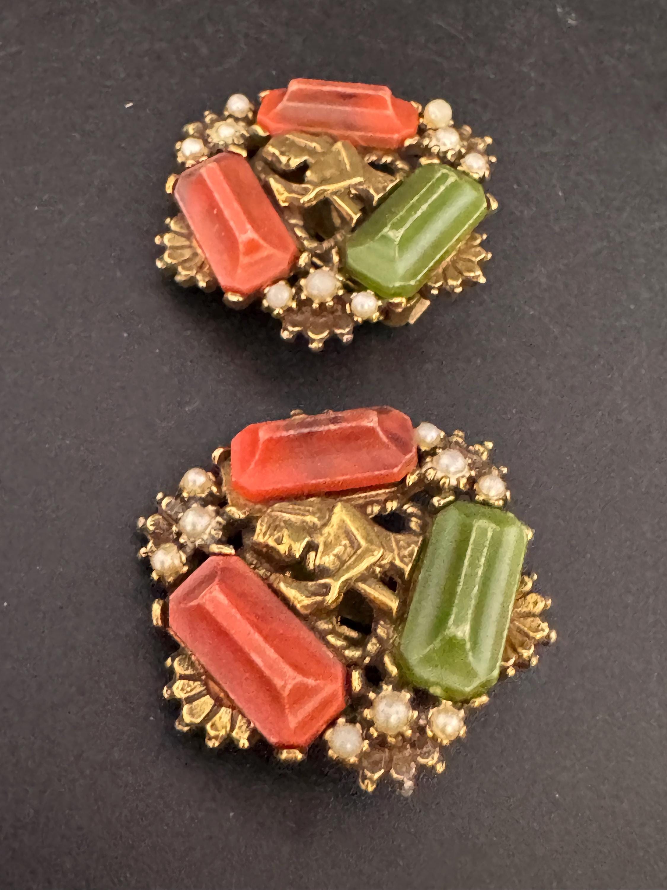 Czech Brass coral and Green Glass clip on earrings, Egyptian revival Max Neiger Style