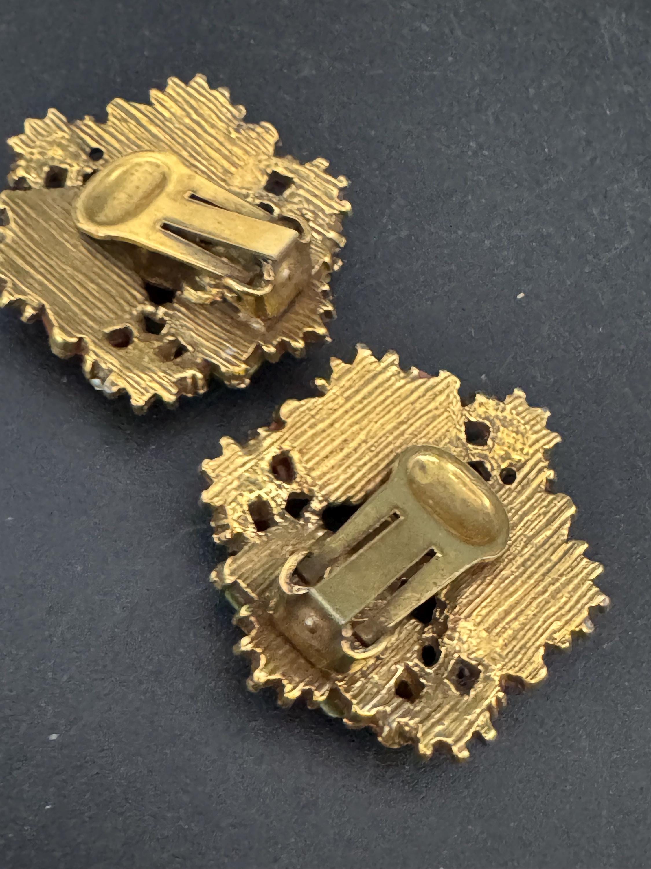 Czech Brass coral and Green Glass clip on earrings, Egyptian revival Max Neiger Style