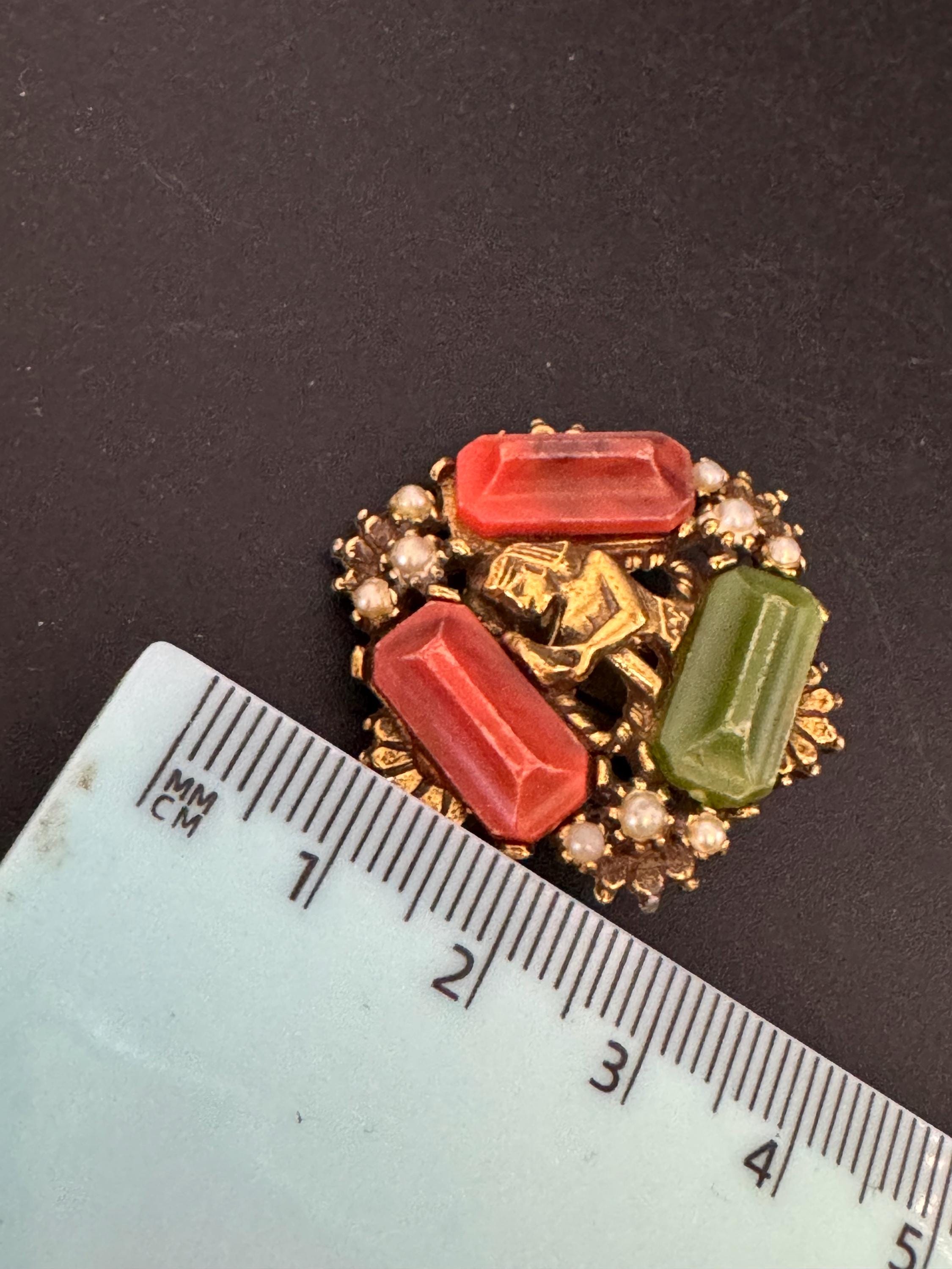 Czech Brass coral and Green Glass clip on earrings, Egyptian revival Max Neiger Style