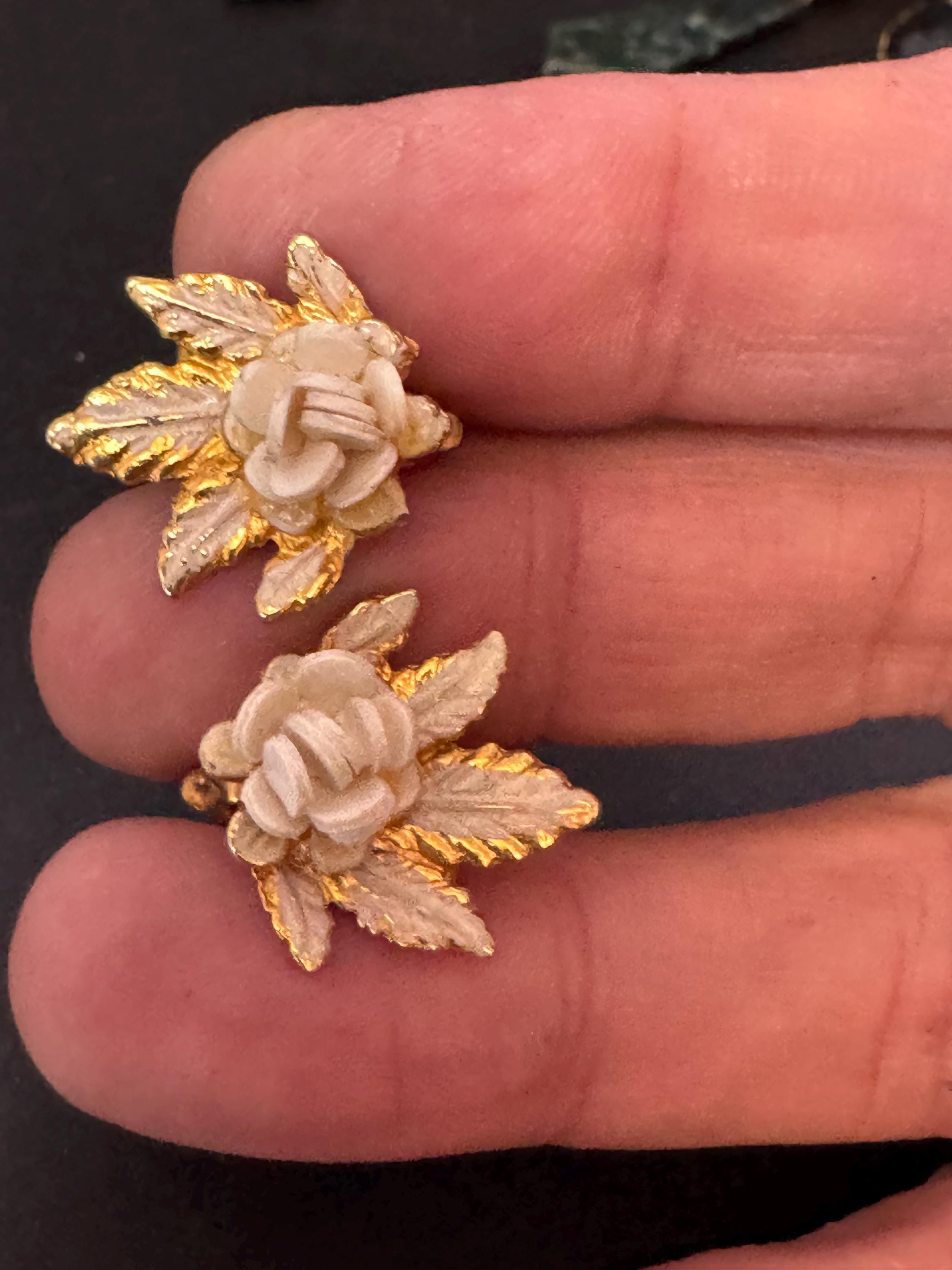 Vintage cream cold painted enamel floral rhinestone clip on earrings