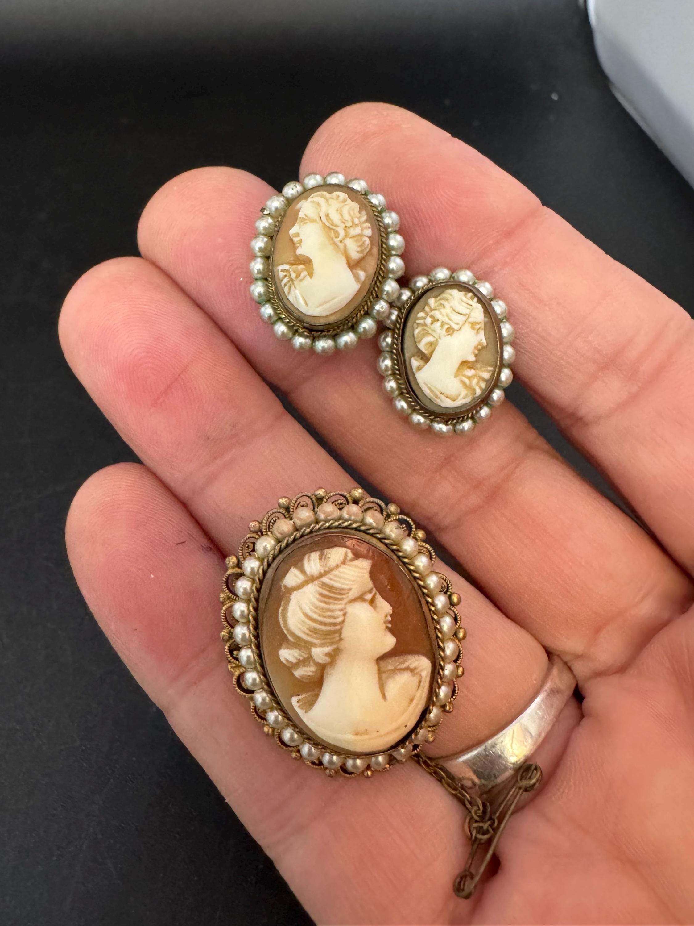 Victorian antique Carved Shell Cameo clip on earrings and brooch set with seed pearls