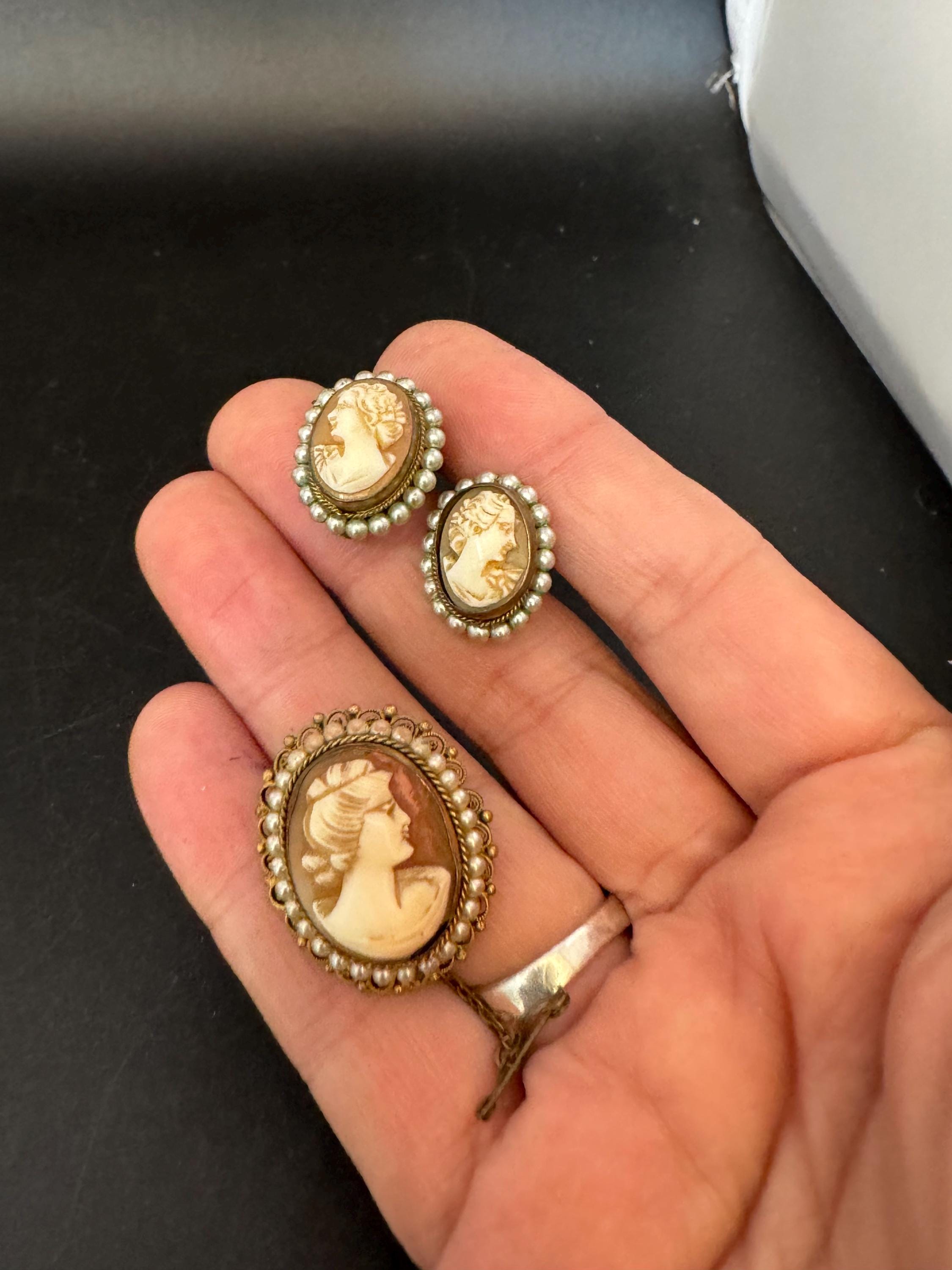 Victorian antique Carved Shell Cameo clip on earrings and brooch set with seed pearls