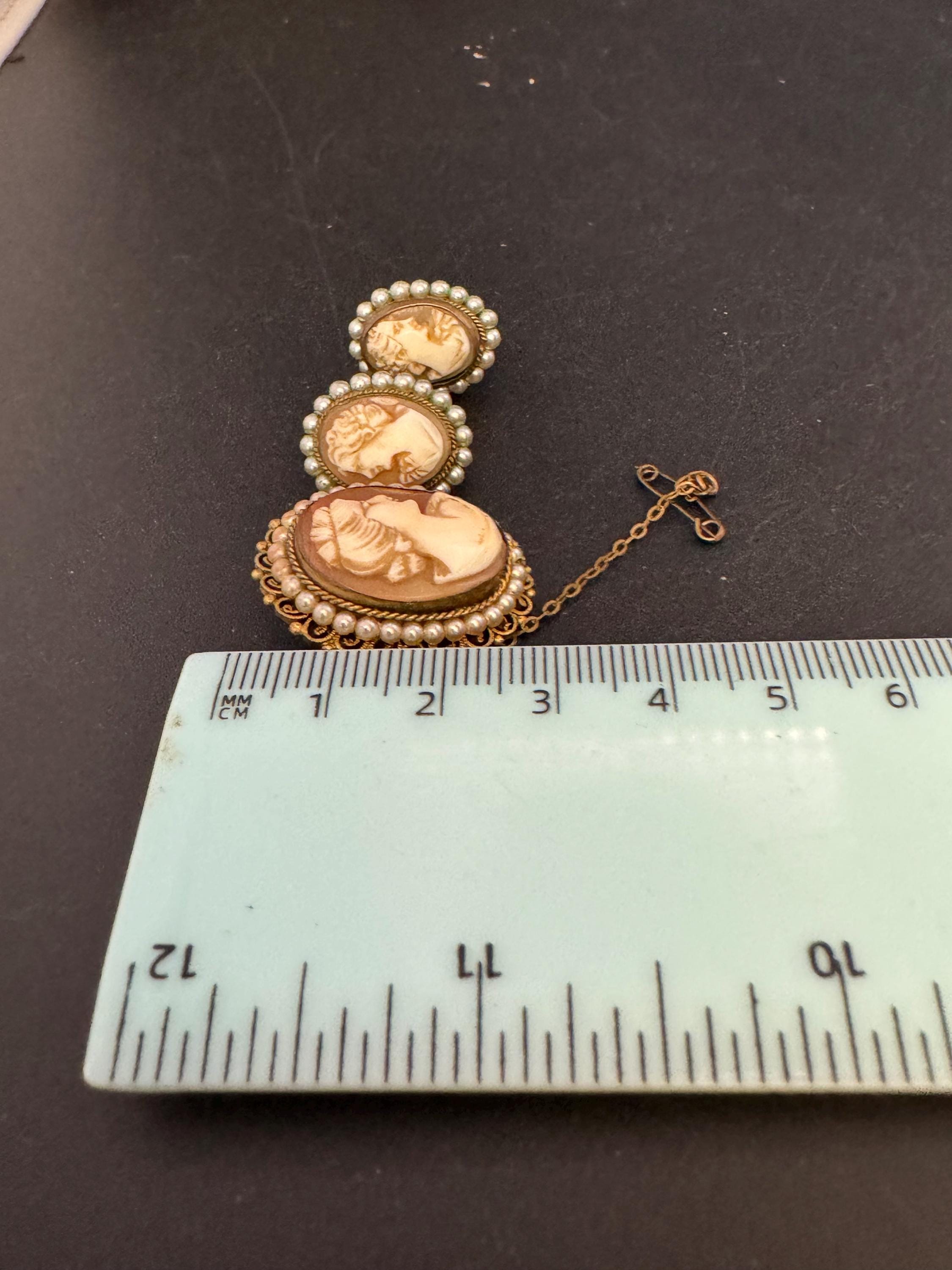 Victorian antique Carved Shell Cameo clip on earrings and brooch set with seed pearls