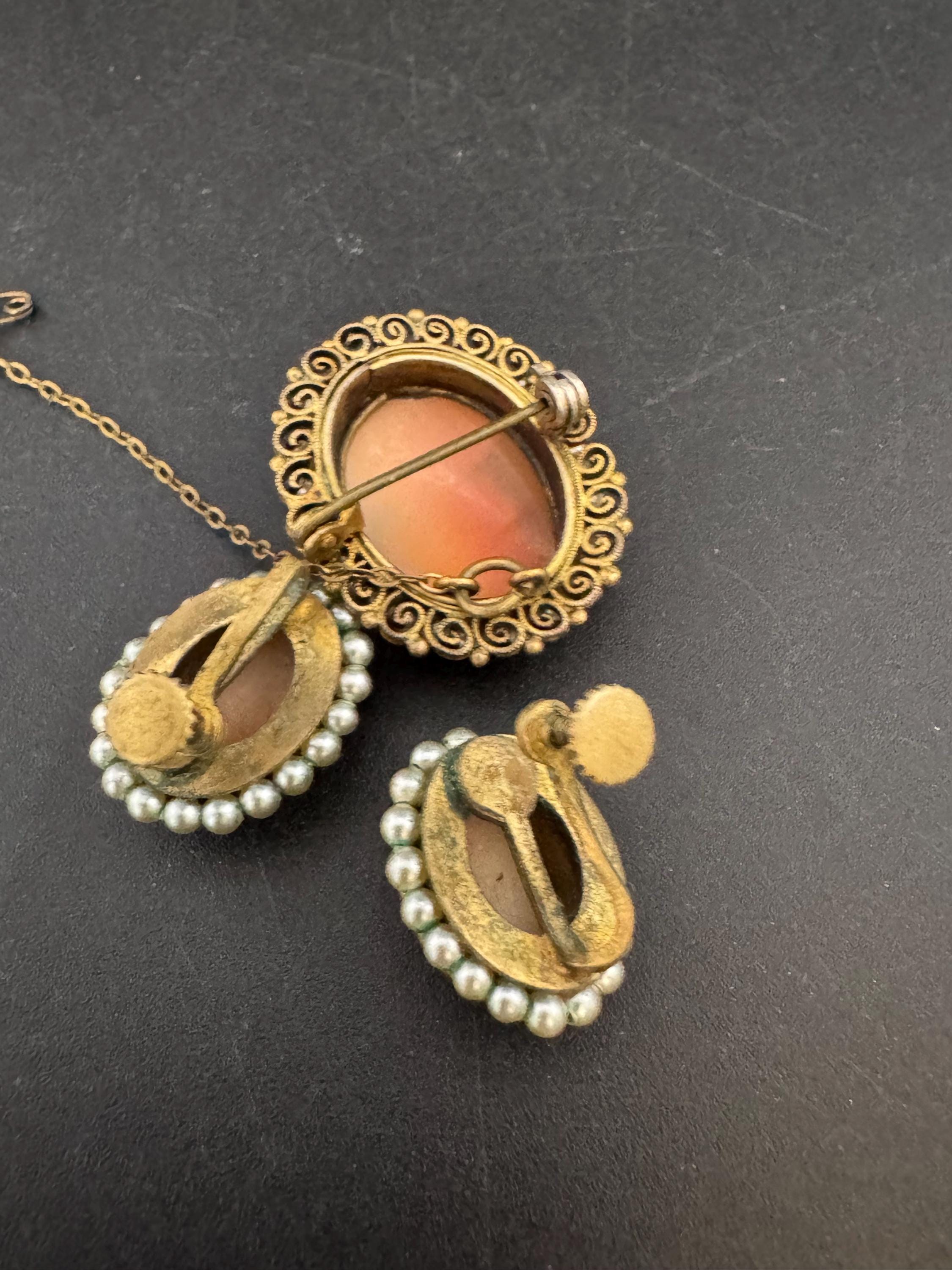 Victorian antique Carved Shell Cameo clip on earrings and brooch set with seed pearls