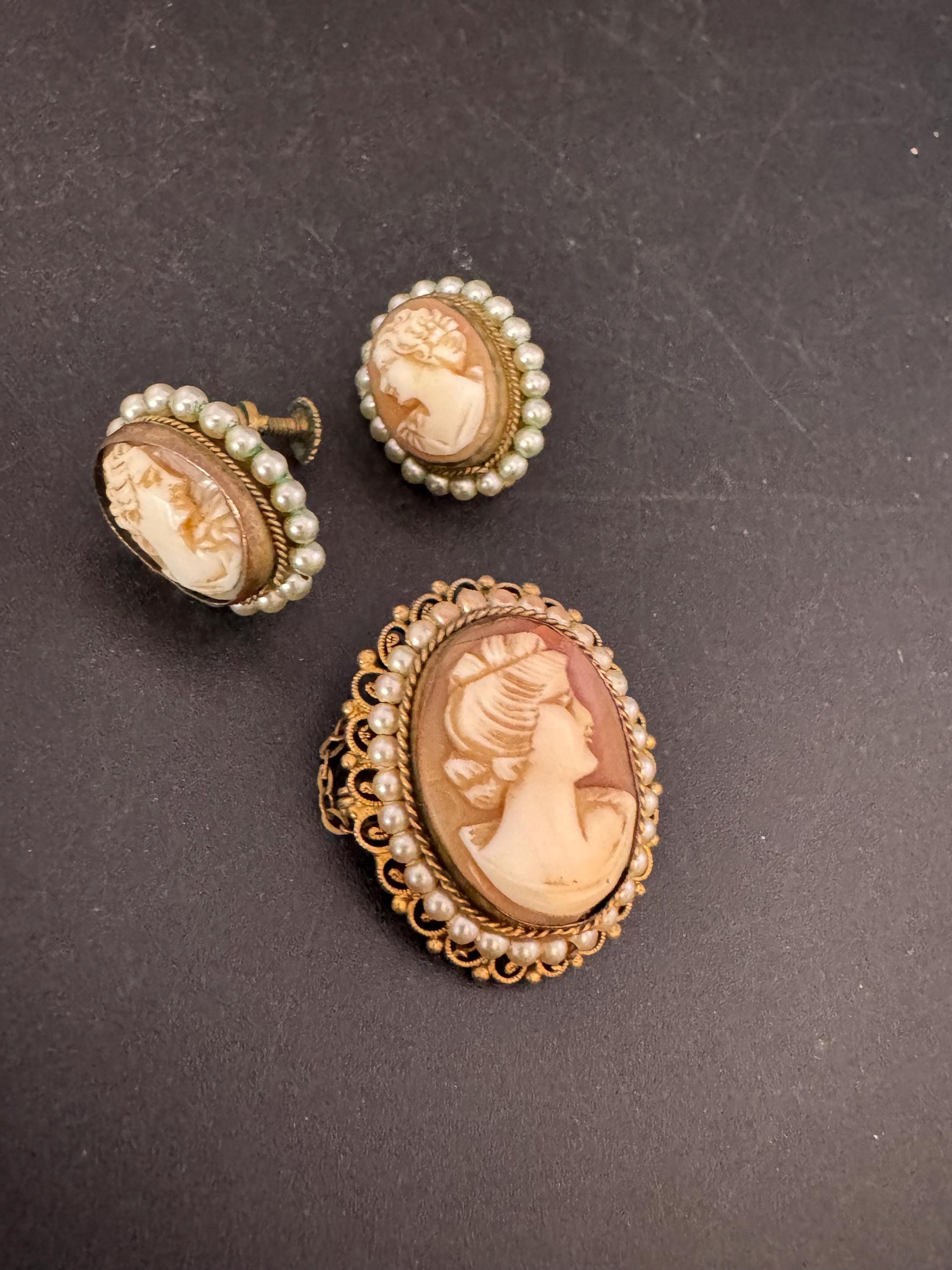 Victorian antique Carved Shell Cameo clip on earrings and brooch set with seed pearls