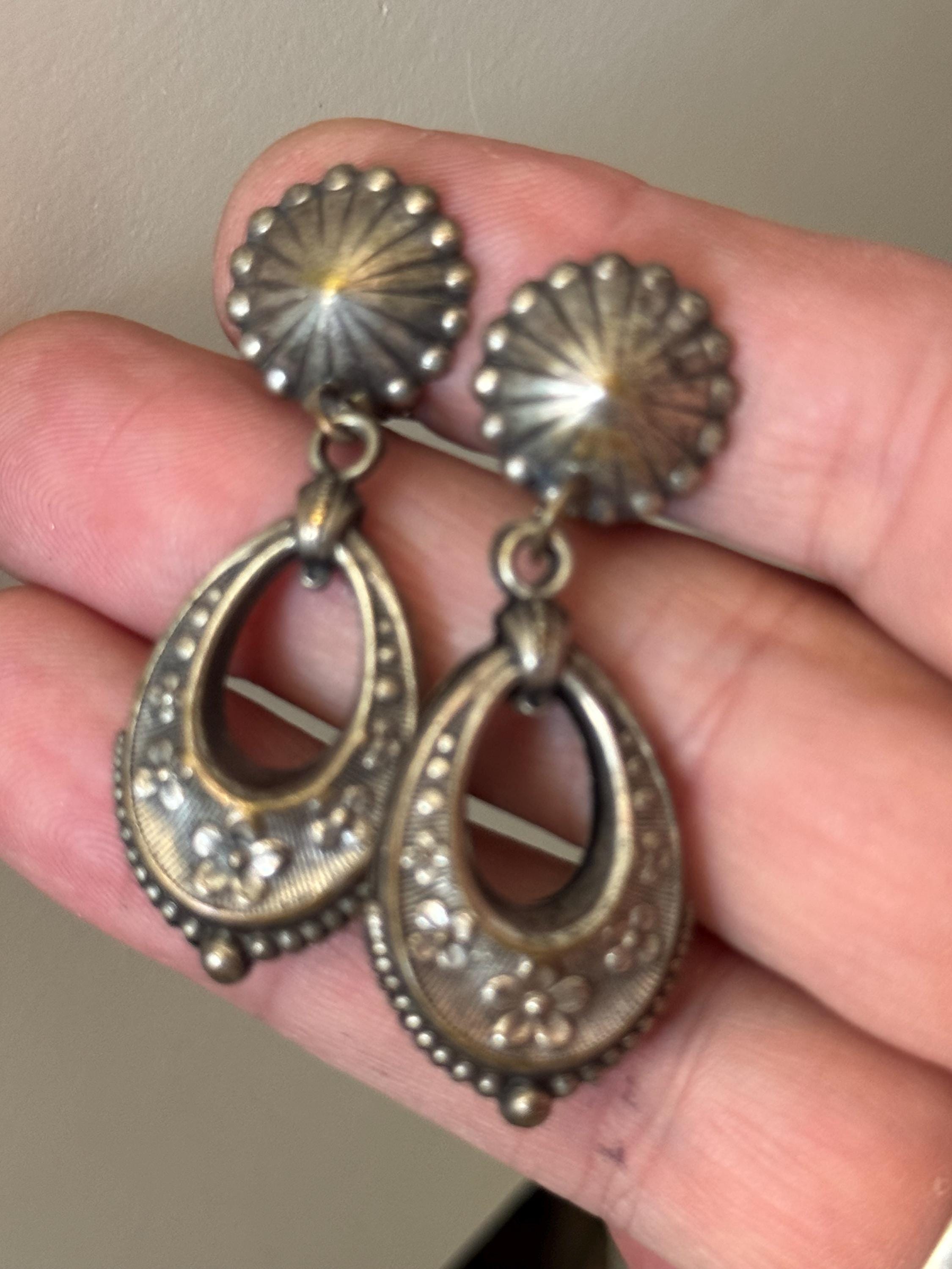 antique Victorian white metal silver etched ornate puffy door knocker earrings