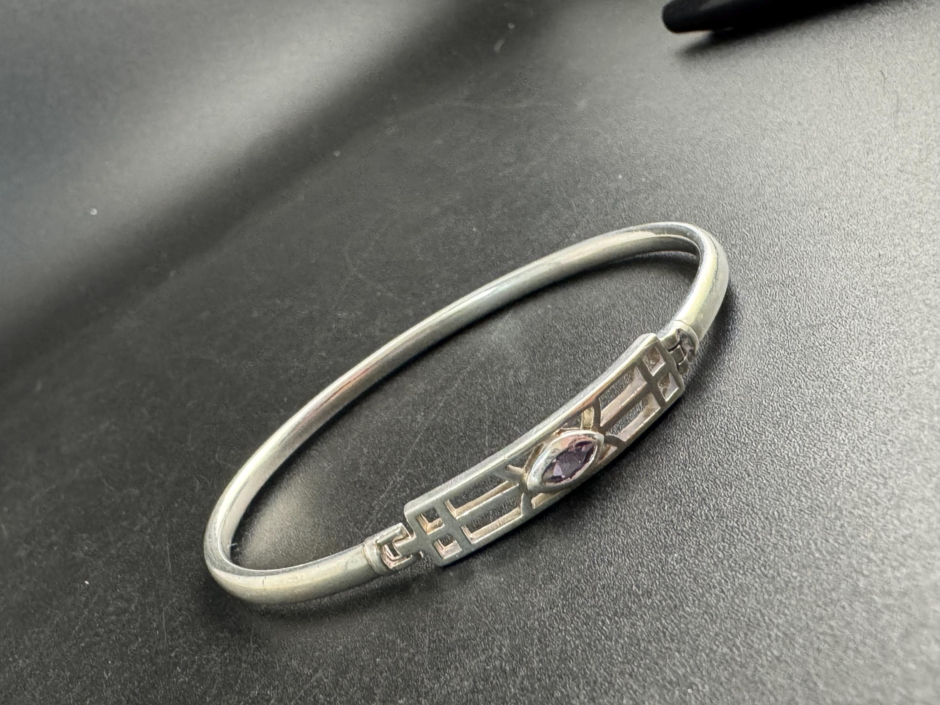 Vintage 925 Silver and amethyst bangle, purple bracelet Charles Rennie Mackintosh style