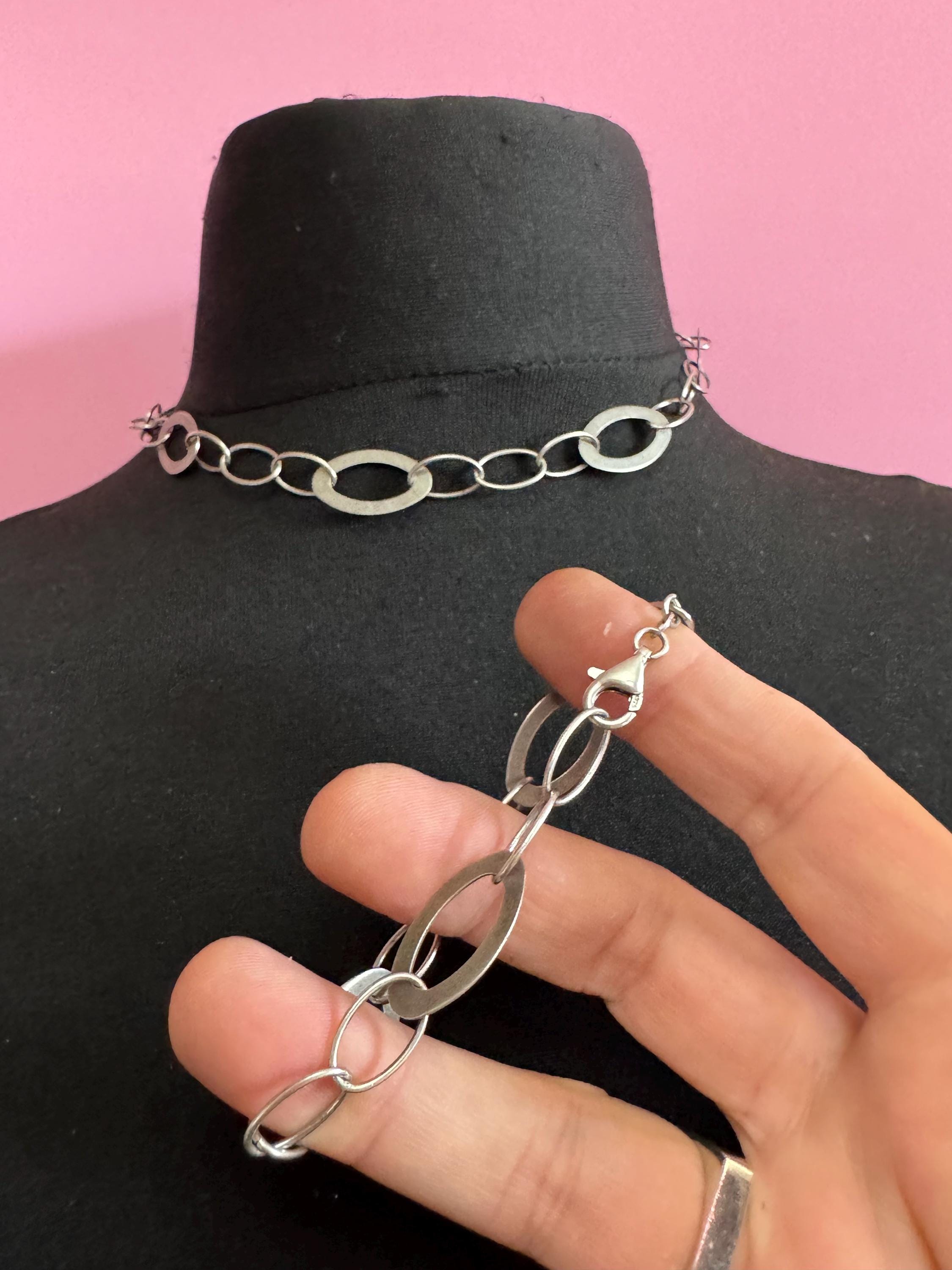 Matching sterling 925 silver hoop flat link necklace and bracelet jewellery set