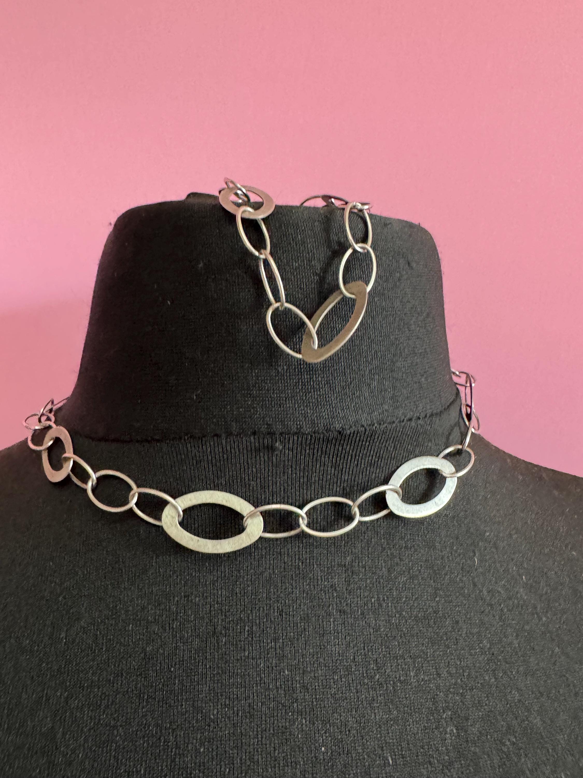 Matching sterling 925 silver hoop flat link necklace and bracelet jewellery set