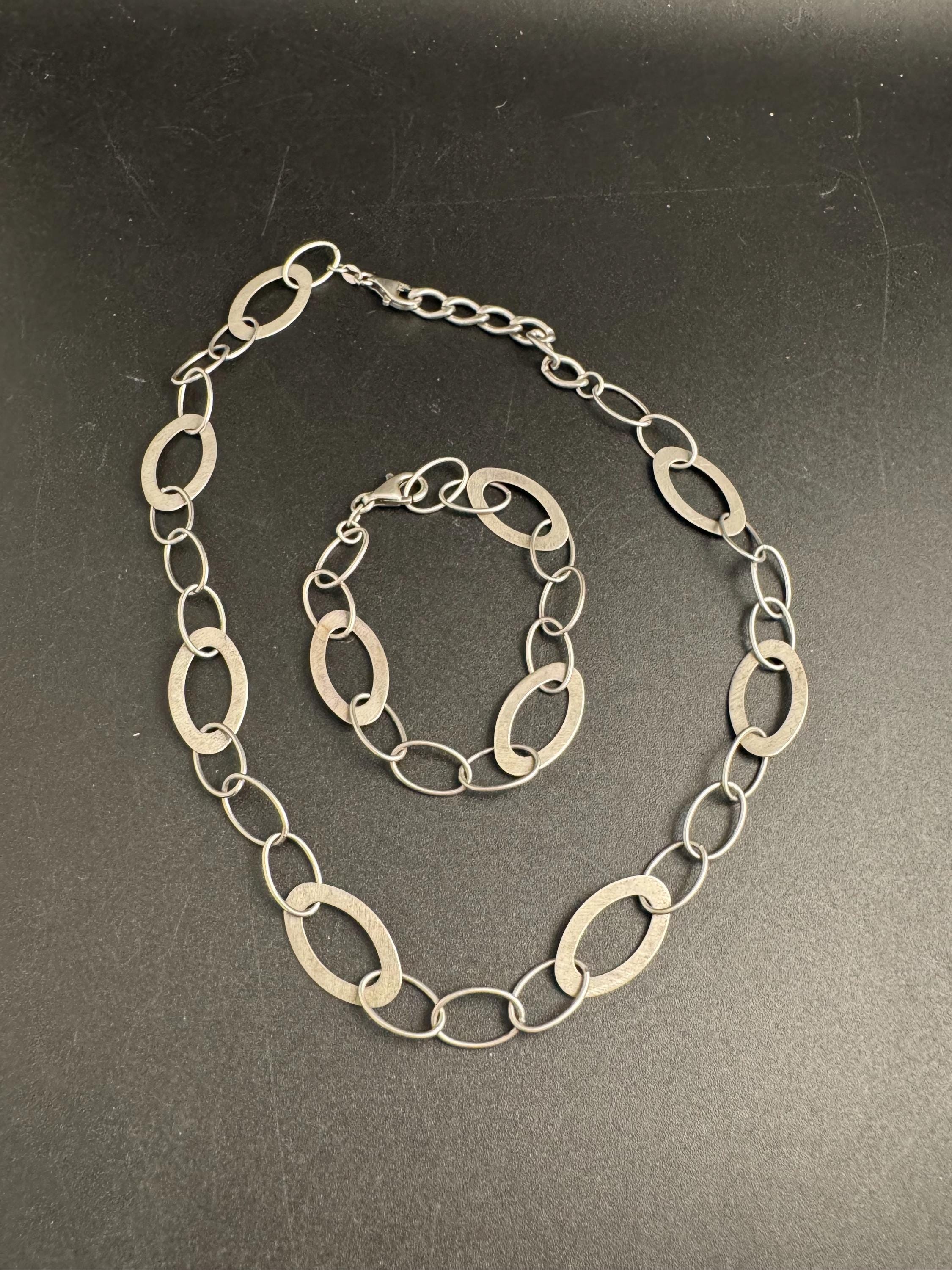 Matching sterling 925 silver hoop flat link necklace and bracelet jewellery set