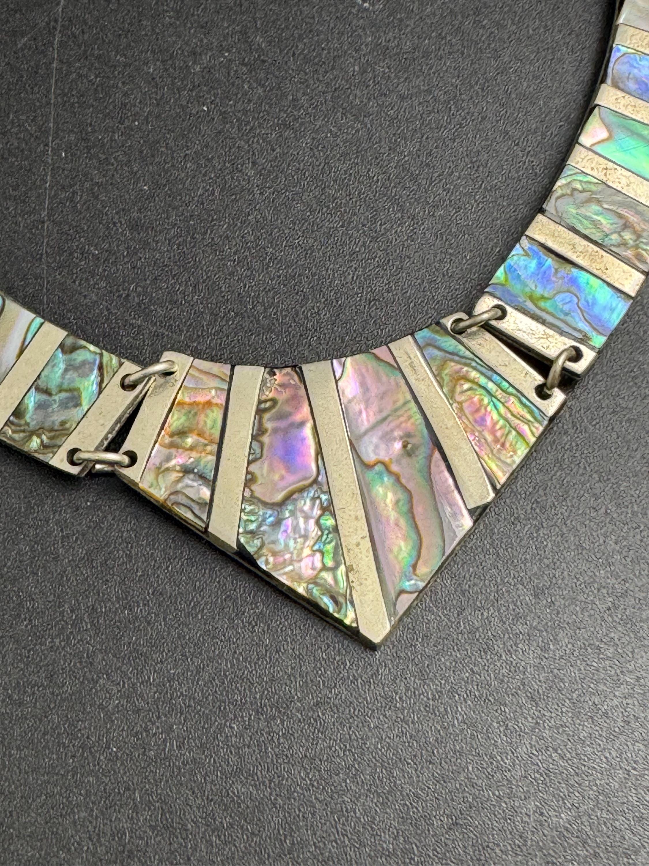 vintage Mexican Alpaca 925 sterling Silver plated abalone shell panel linked choker necklace