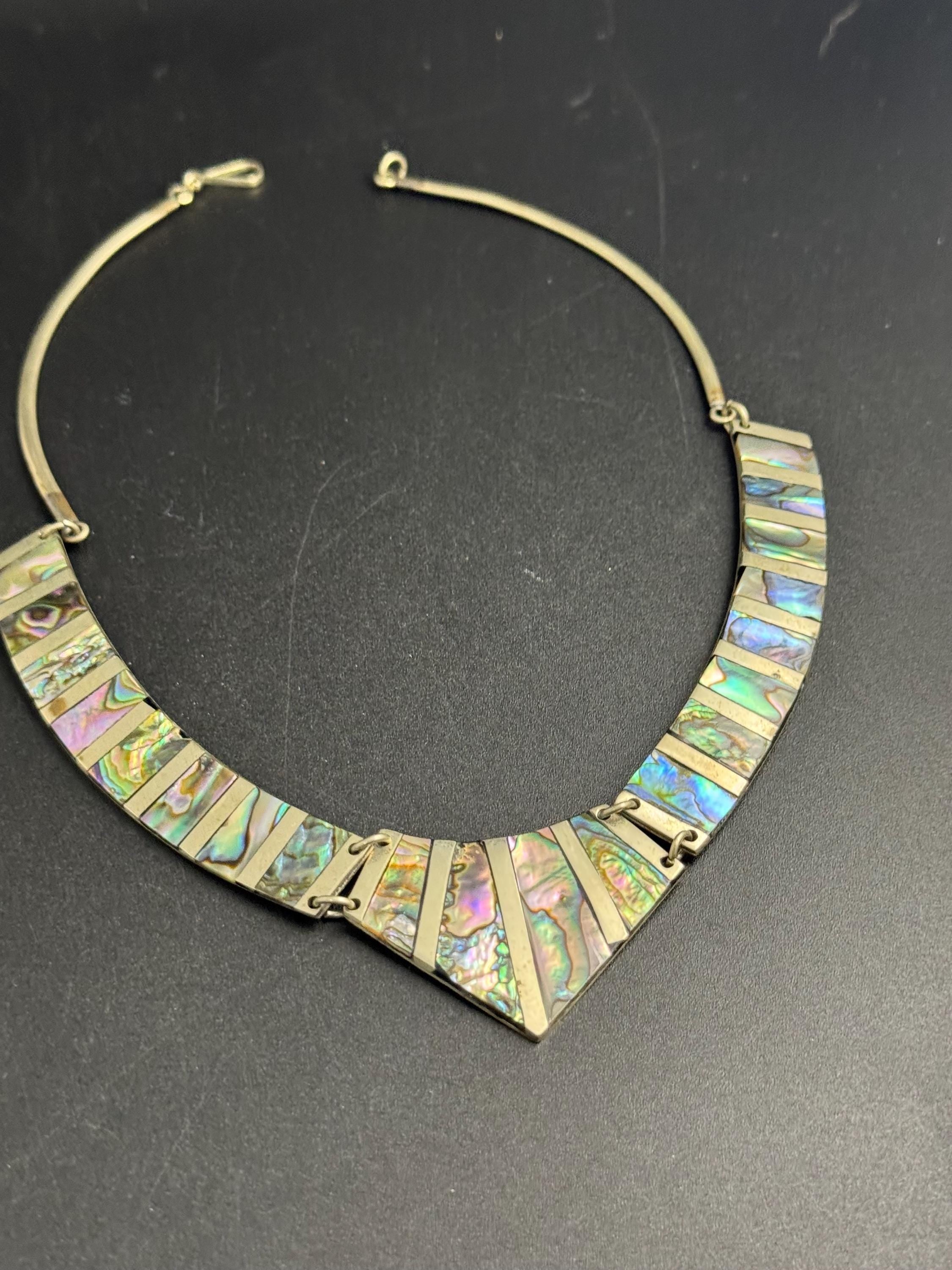 vintage Mexican Alpaca 925 sterling Silver plated abalone shell panel linked choker necklace
