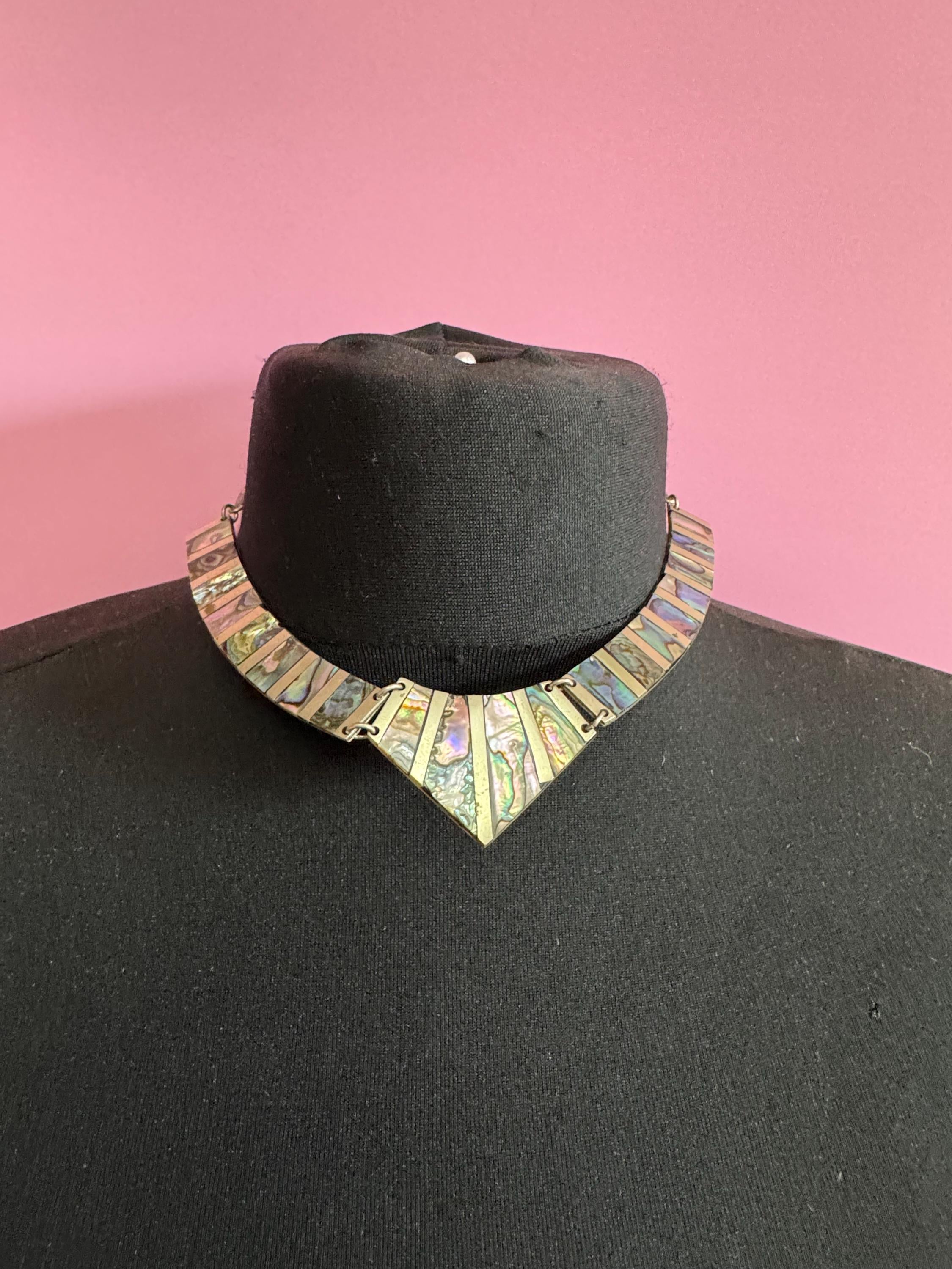 vintage Mexican Alpaca 925 sterling Silver plated abalone shell panel linked choker necklace