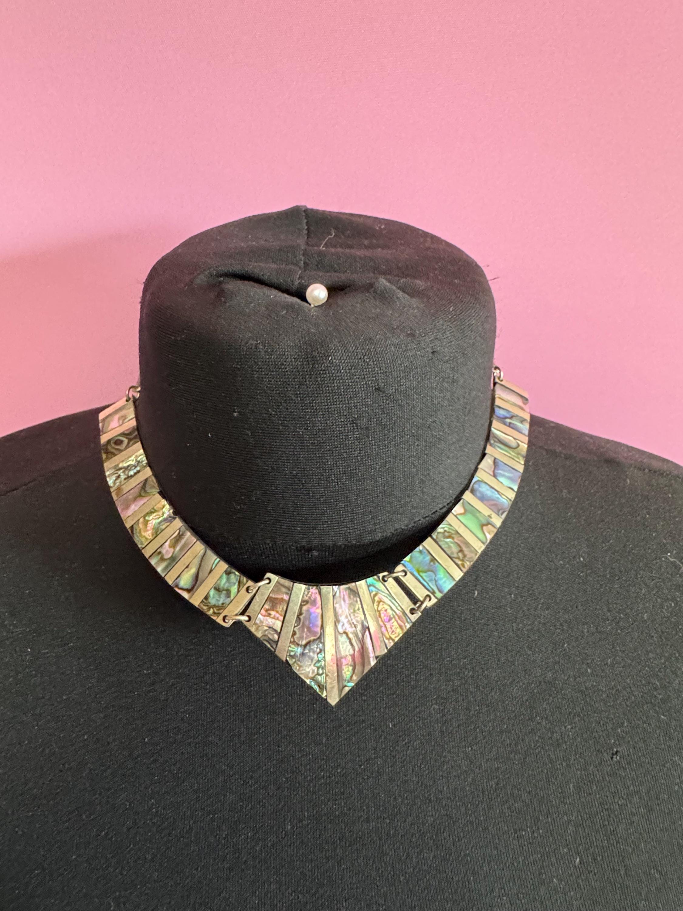 vintage Mexican Alpaca 925 sterling Silver plated abalone shell panel linked choker necklace