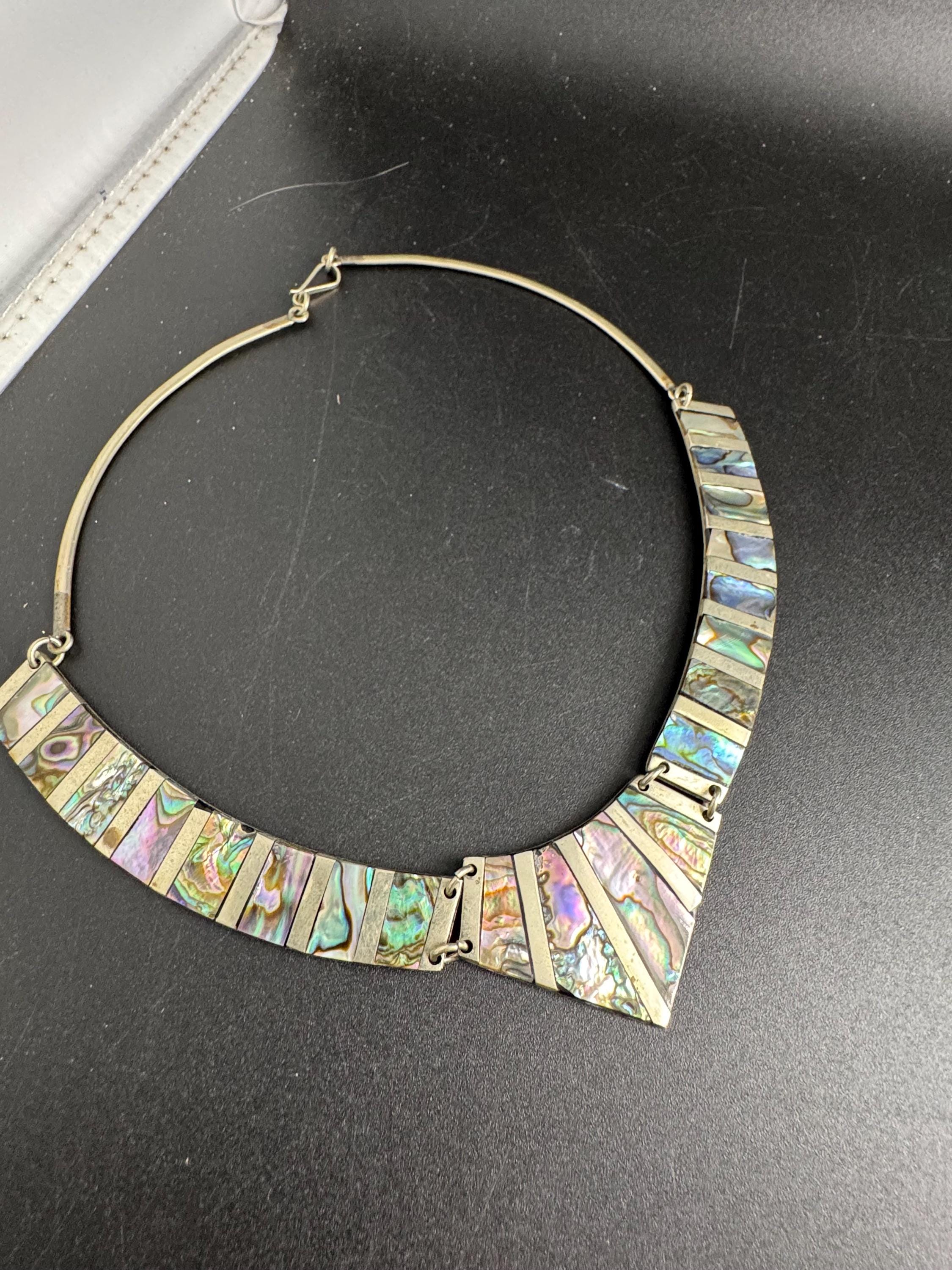vintage Mexican Alpaca 925 sterling Silver plated abalone shell panel linked choker necklace