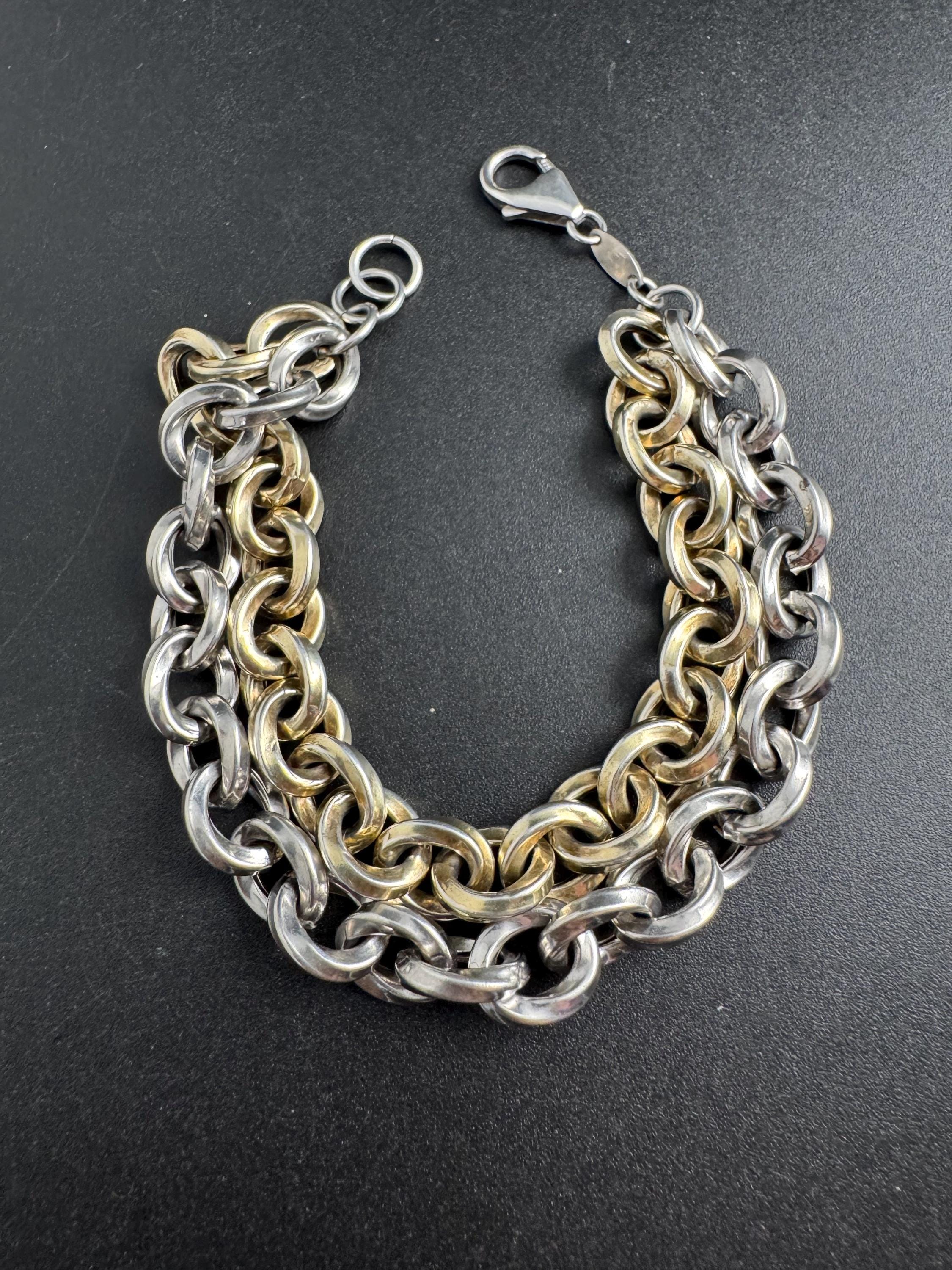 925 sterling silver and gilt gold plated chunky double cable link bracelet , modernist