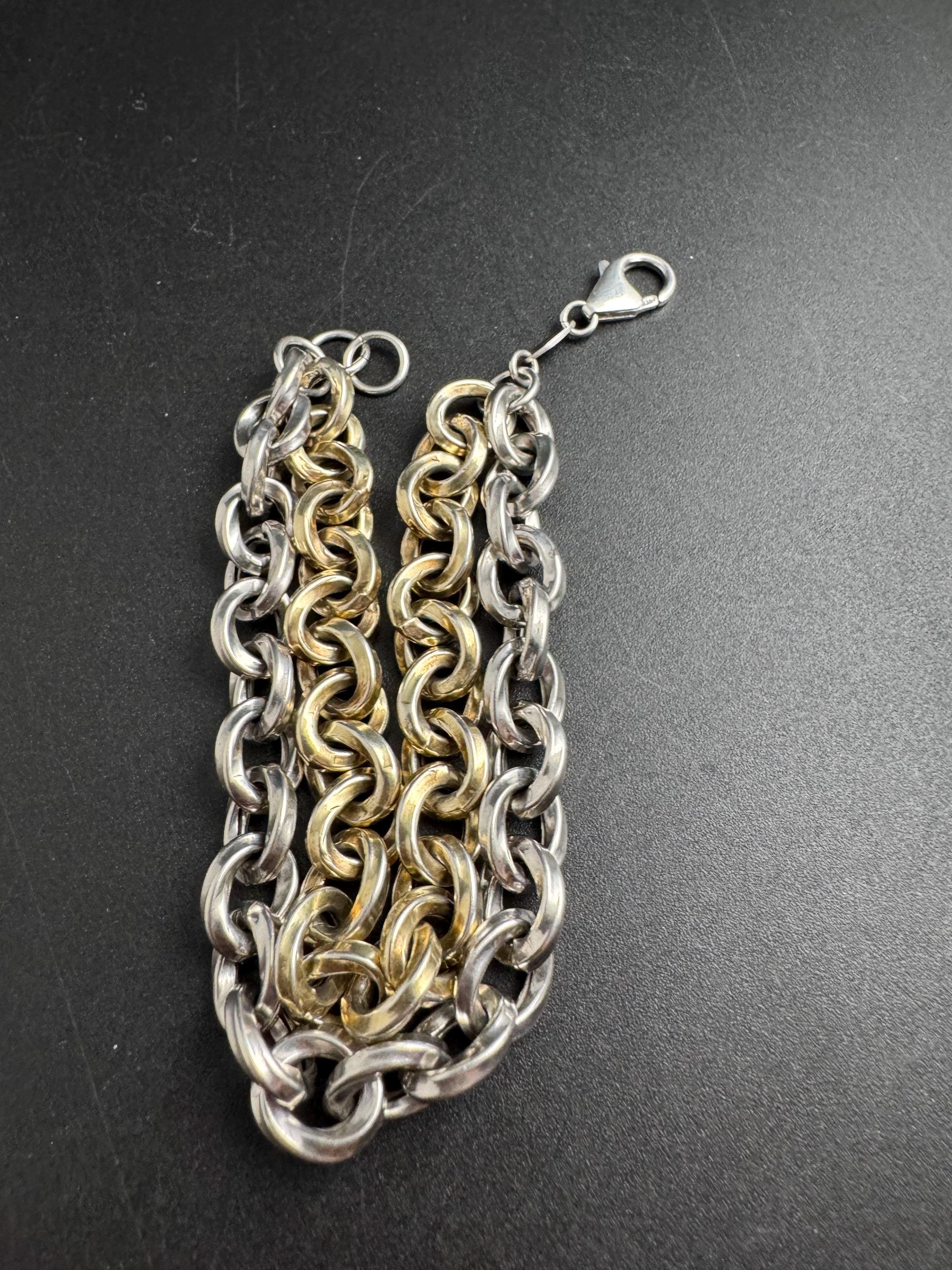 925 sterling silver and gilt gold plated chunky double cable link bracelet , modernist