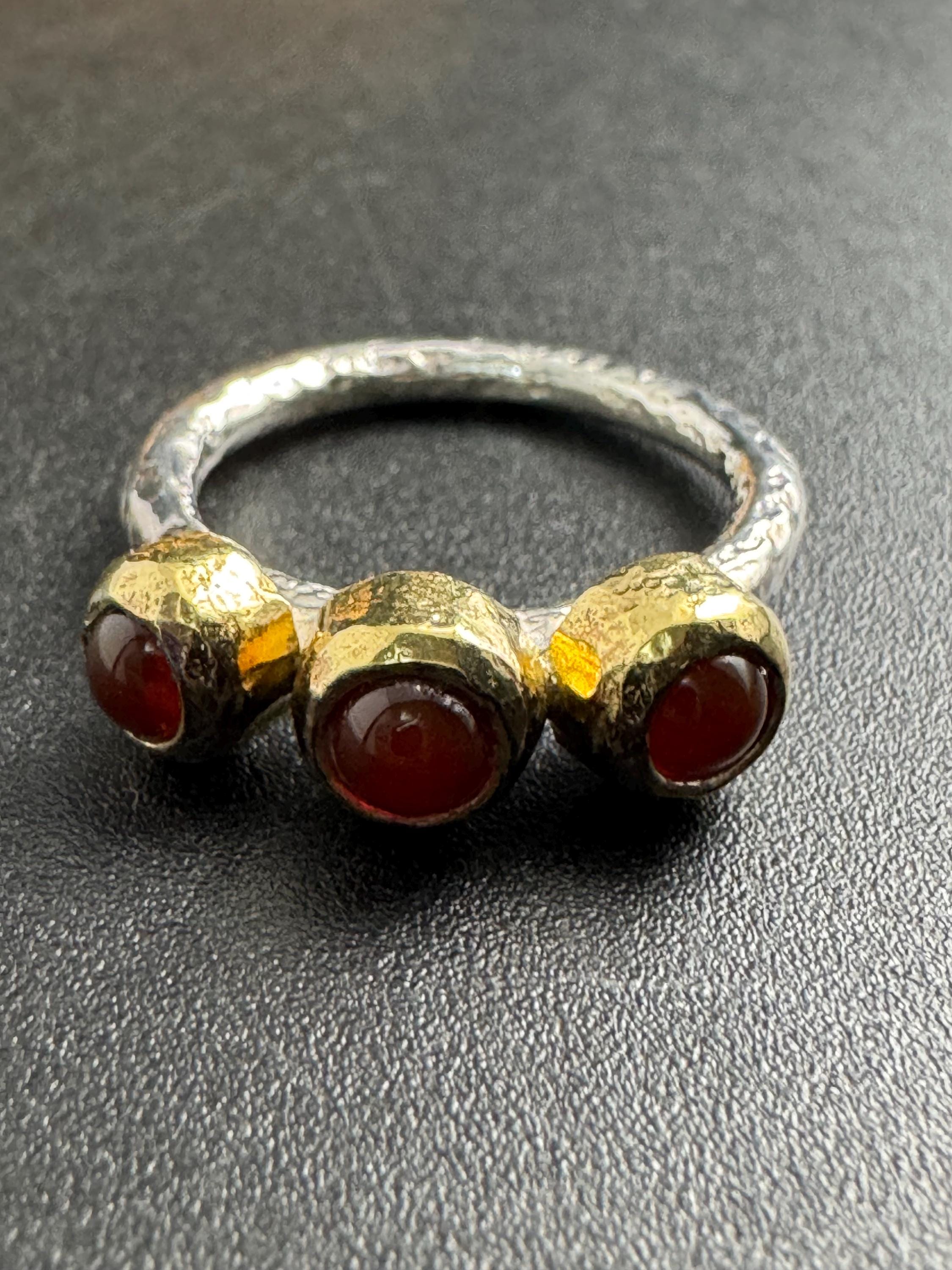 Gold Gilt Sterling Silver Carnelian Ring: Modernist Artisan Jewelry (UK Size L.5)