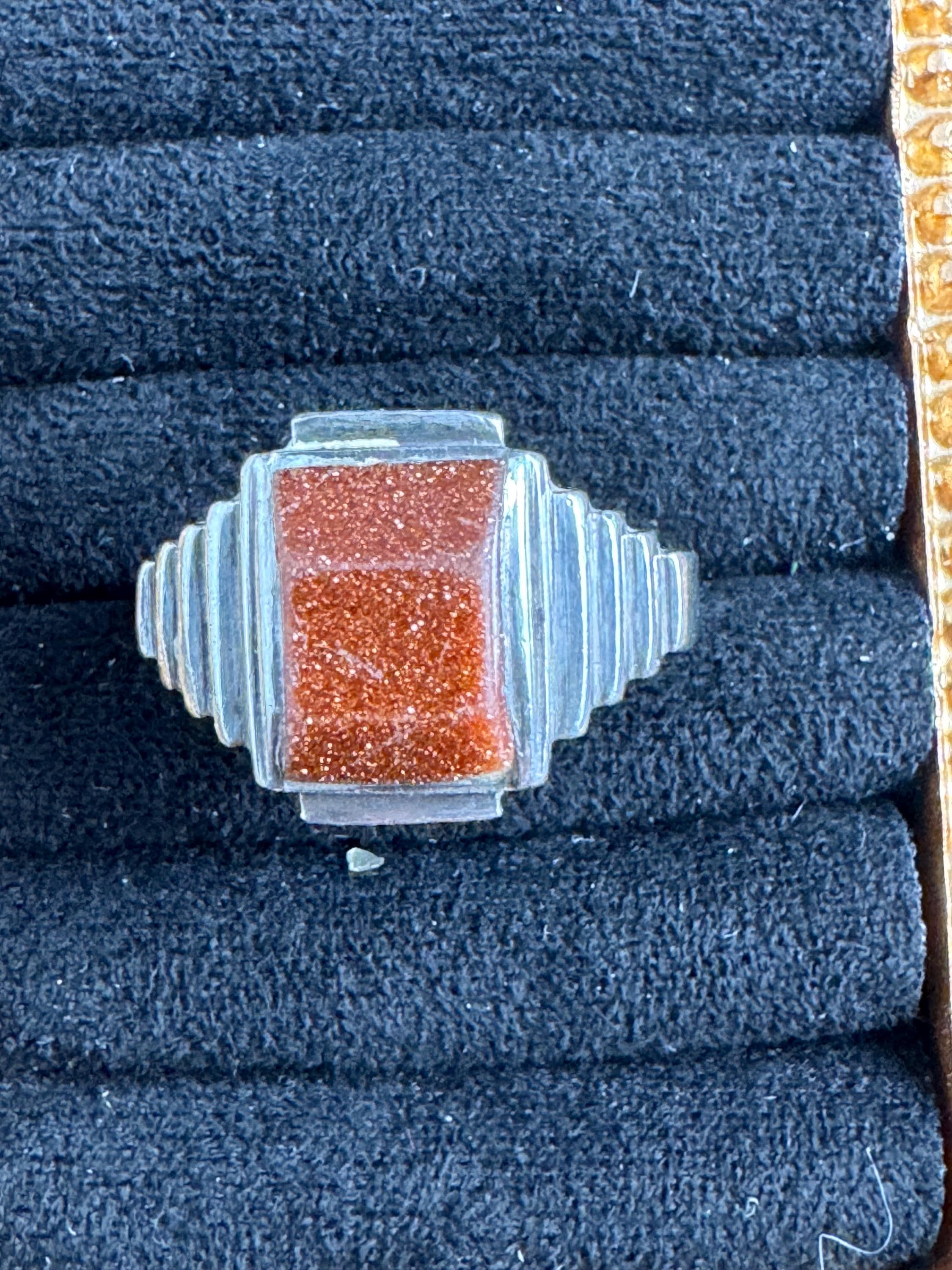 size R Vintage goldstone gemstone 925 sterling silver mens signet ring ,