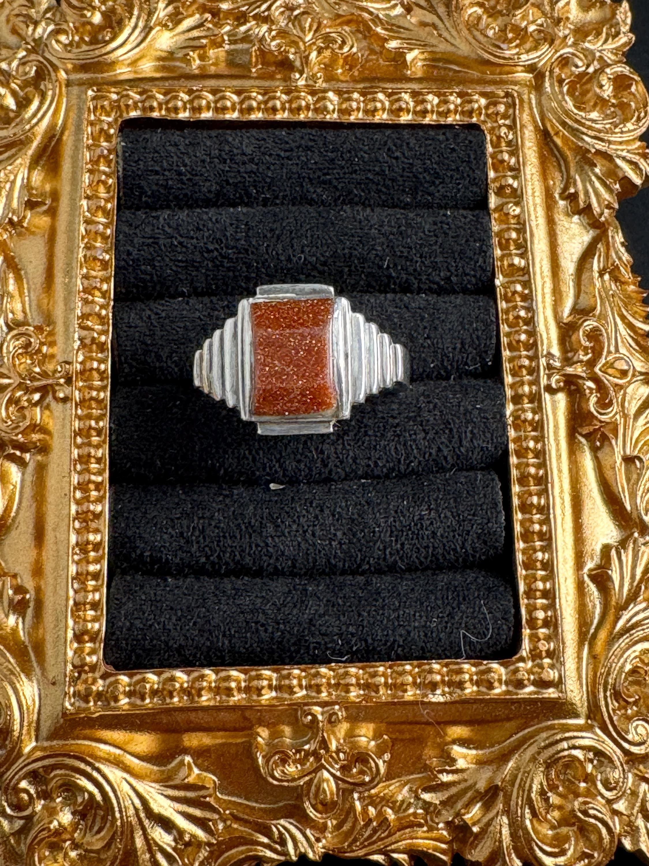 size R Vintage goldstone gemstone 925 sterling silver mens signet ring ,