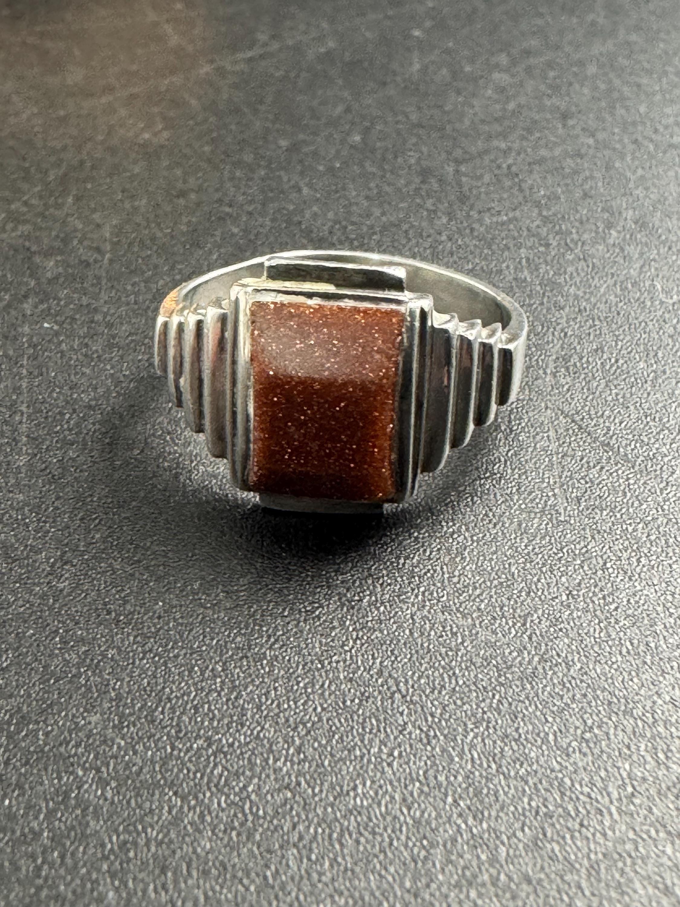 size R Vintage goldstone gemstone 925 sterling silver mens signet ring ,