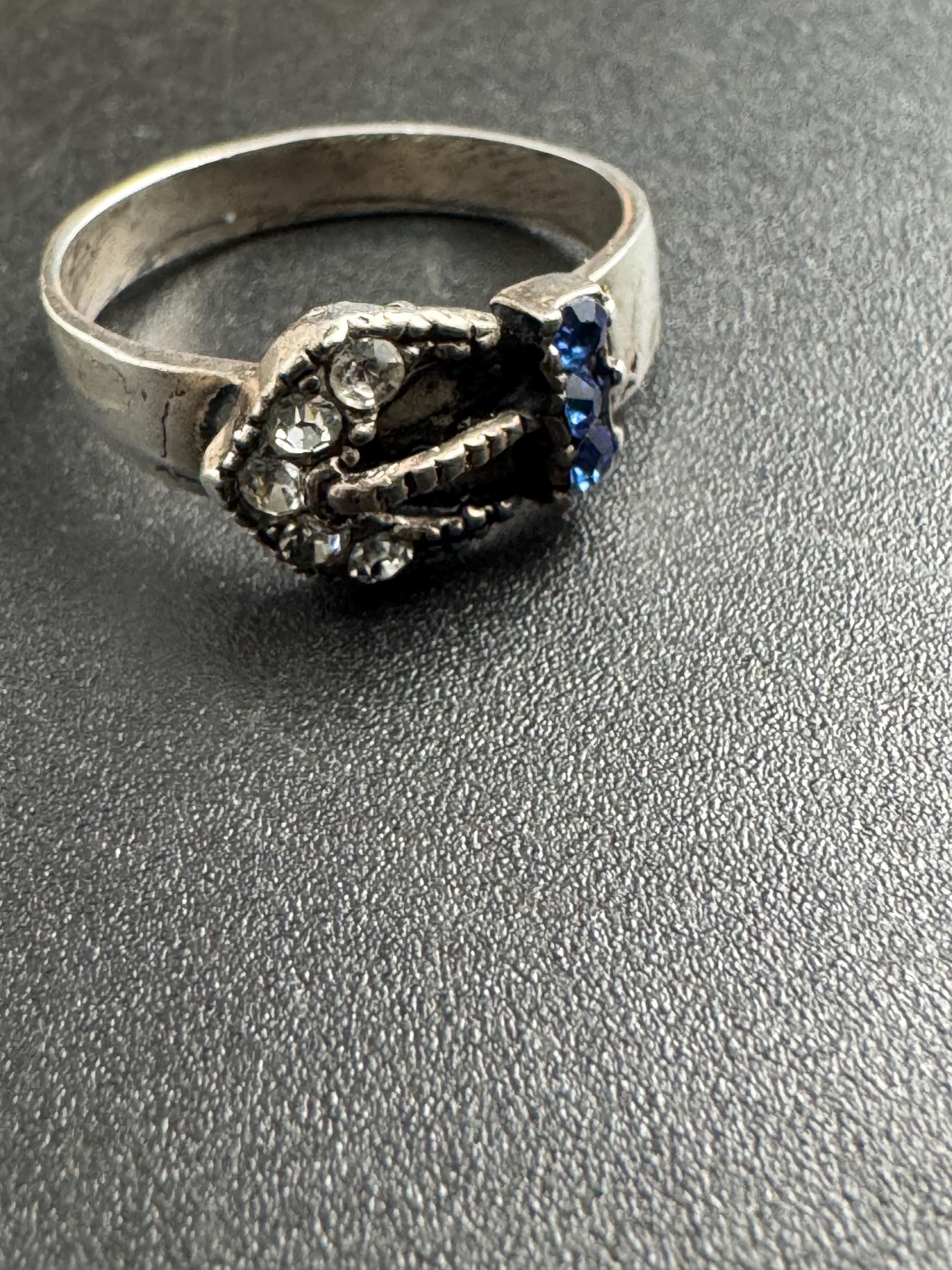 Antique Edwardian sterling silver sapphire paste set buckle ring size P