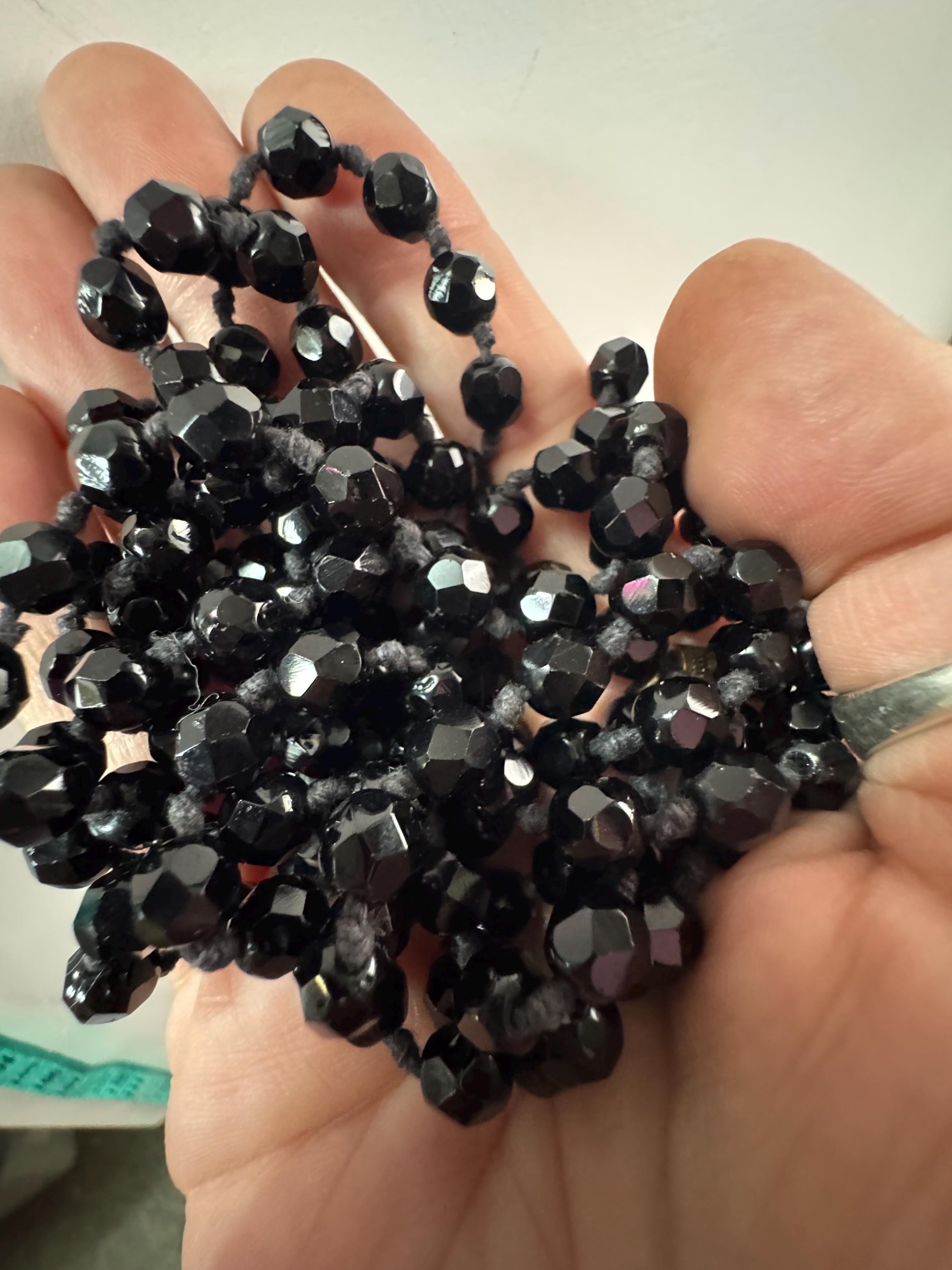 Vintage French Jet Black Glass Flapper Necklace: Long Faceted Art Deco Beads 150cm
