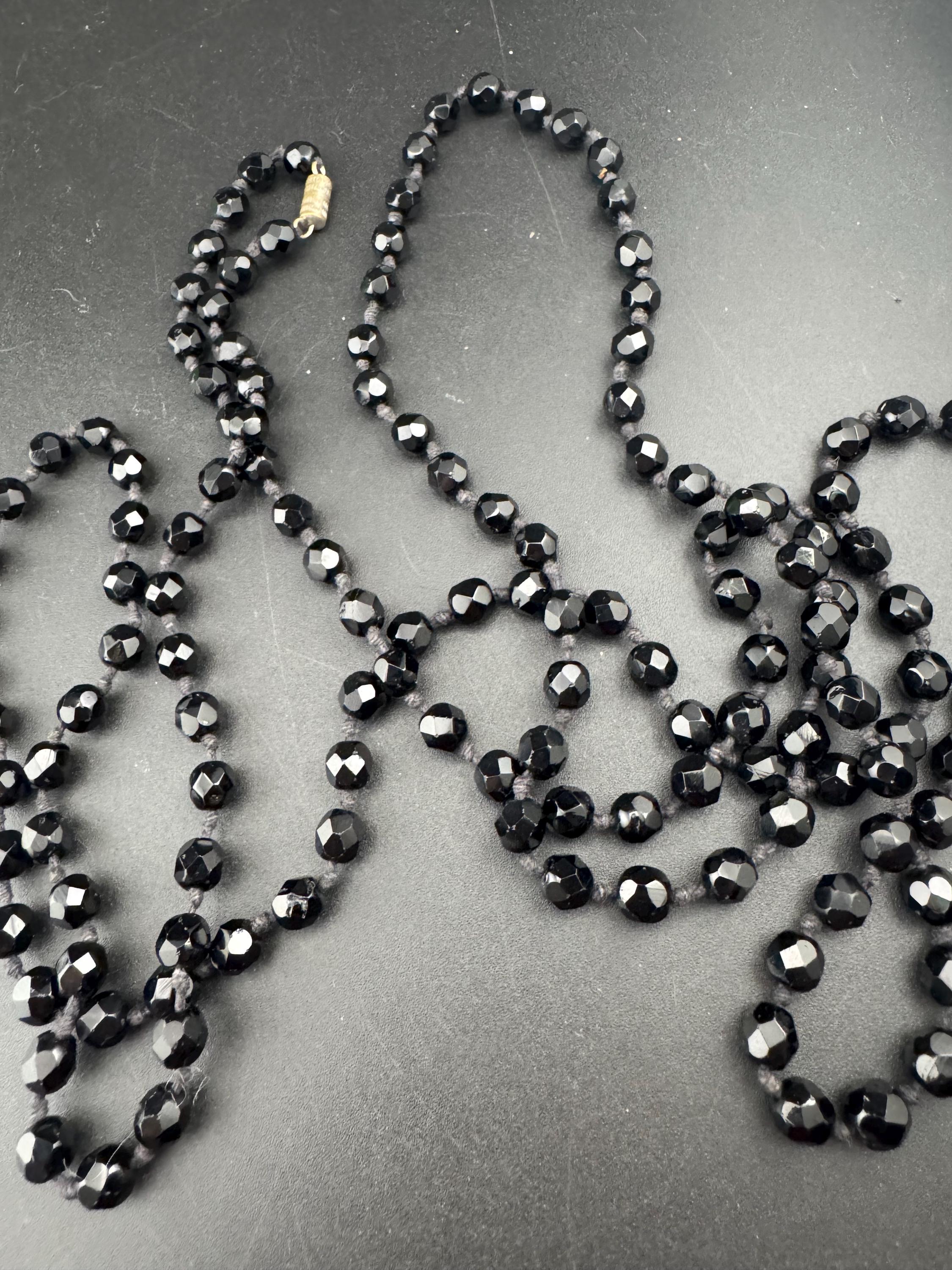 Vintage French Jet Black Glass Flapper Necklace: Long Faceted Art Deco Beads 150cm